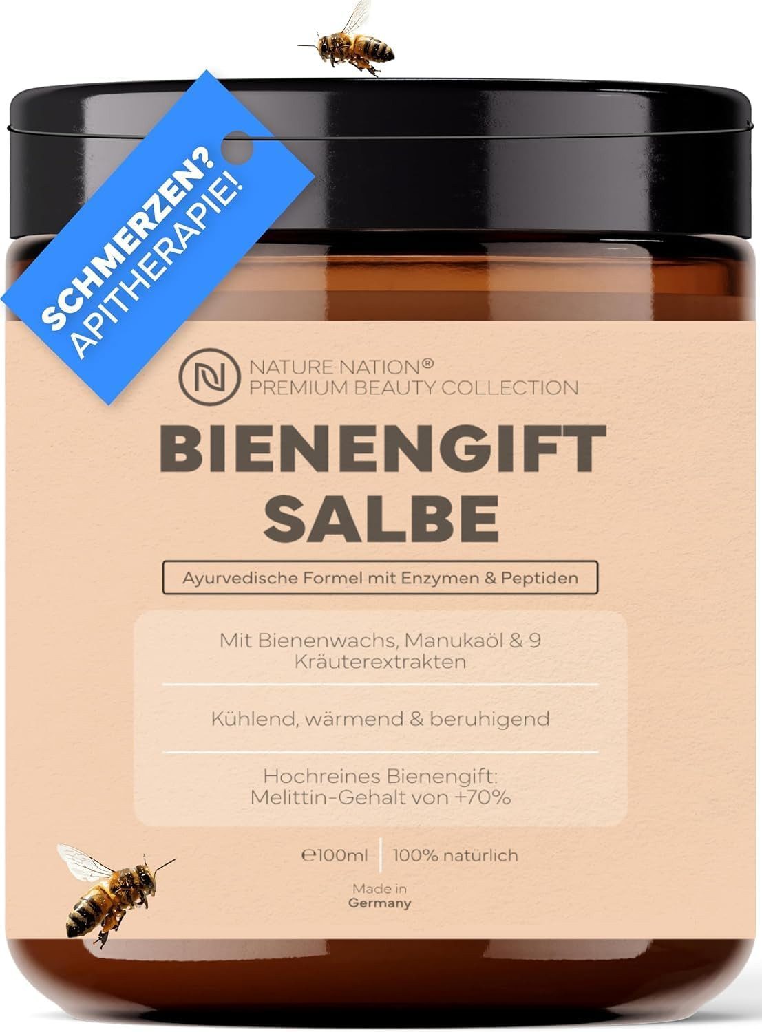 NATURE NATION Körpercreme Bienengiftsalbe: Bee Venom Creme, Bienenwachs, Kräuter; Kühlt & wärmt, 1-tlg., Hochreines Bee Venom mit >70% Melittin, 9 Kräuterextrakte