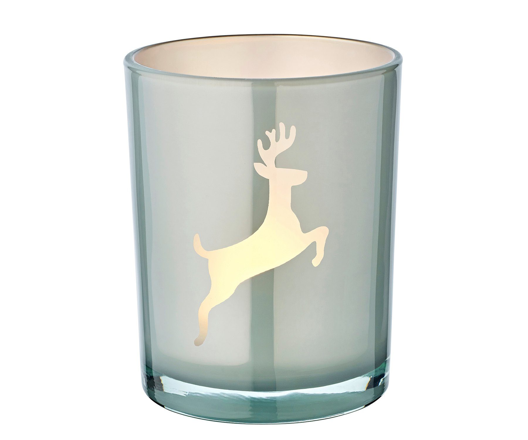 EDZARD Windlicht Loki right, Windlicht, Kerzenglas mit Rentier-Motiv in Grau-Weiß, Teelichtglas für Teelichter, Höhe 13 cm, Ø 10 cm