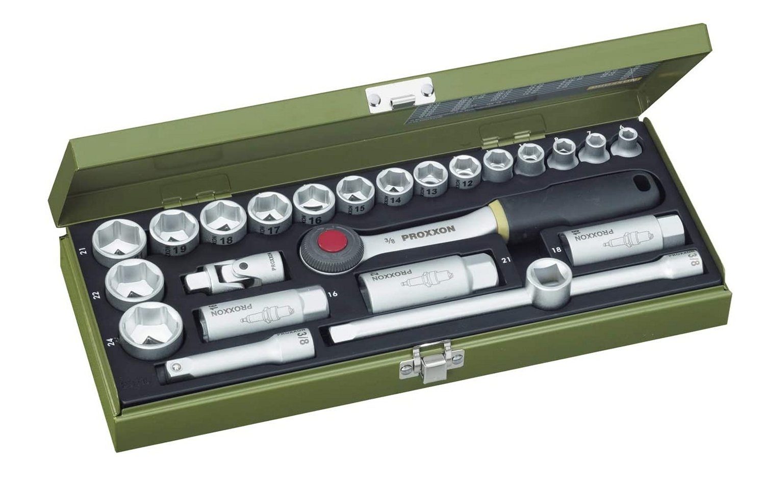 PROXXON INDUSTRIAL Werkzeugset PROXXON Antrieb 24teilig, inkl. Steckschlüsselsatz 23110 10mm (3/8) (24-St), Knarrenkasten Aufbewahrungskoffer