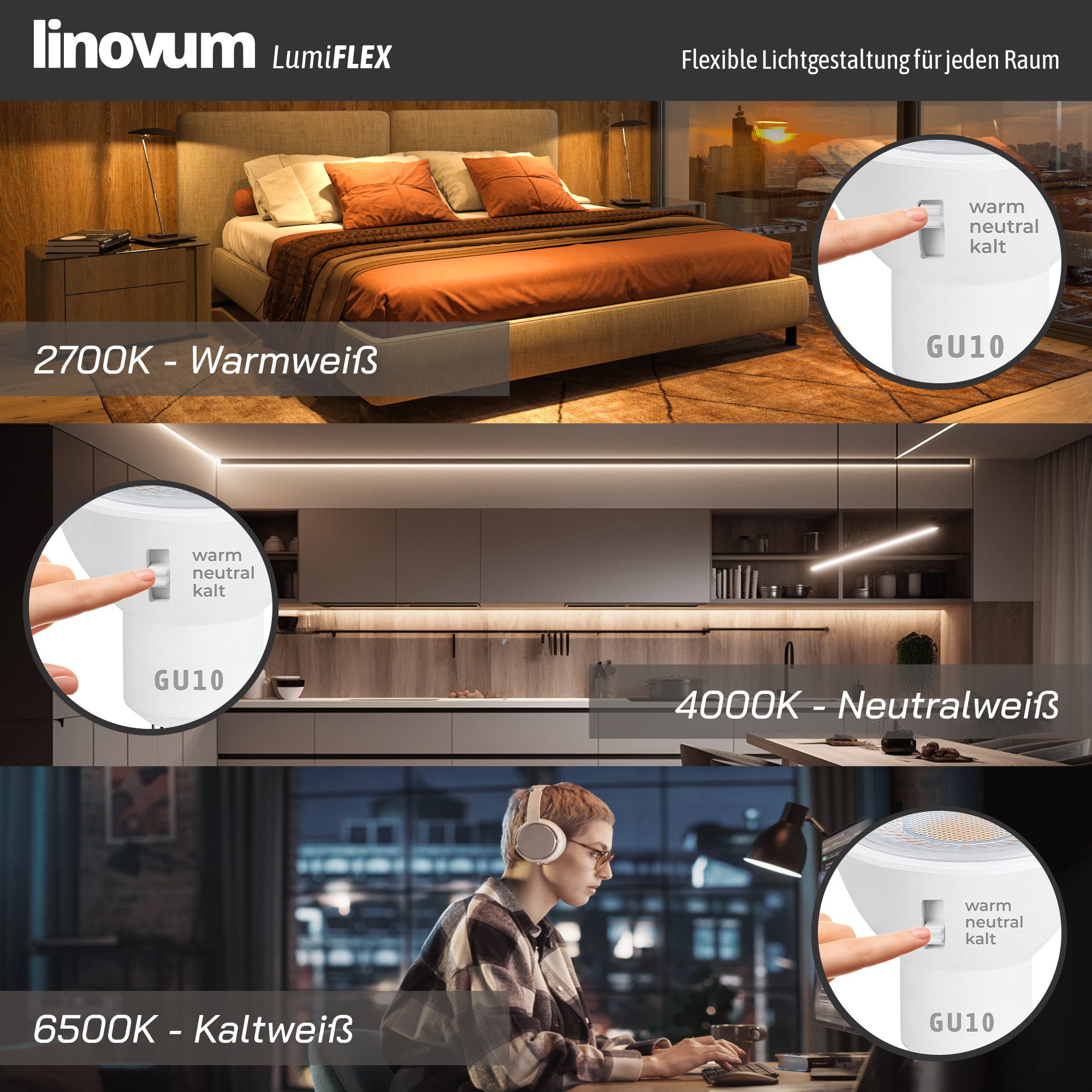 linovum LED-Leuchtmittel linovum LED GU10 Strahler LumiFLEX 6W einstellbare Lichtfarbe 3CCT, GU10, Neutralweiß, Warmweiß, Tageslichtweiß