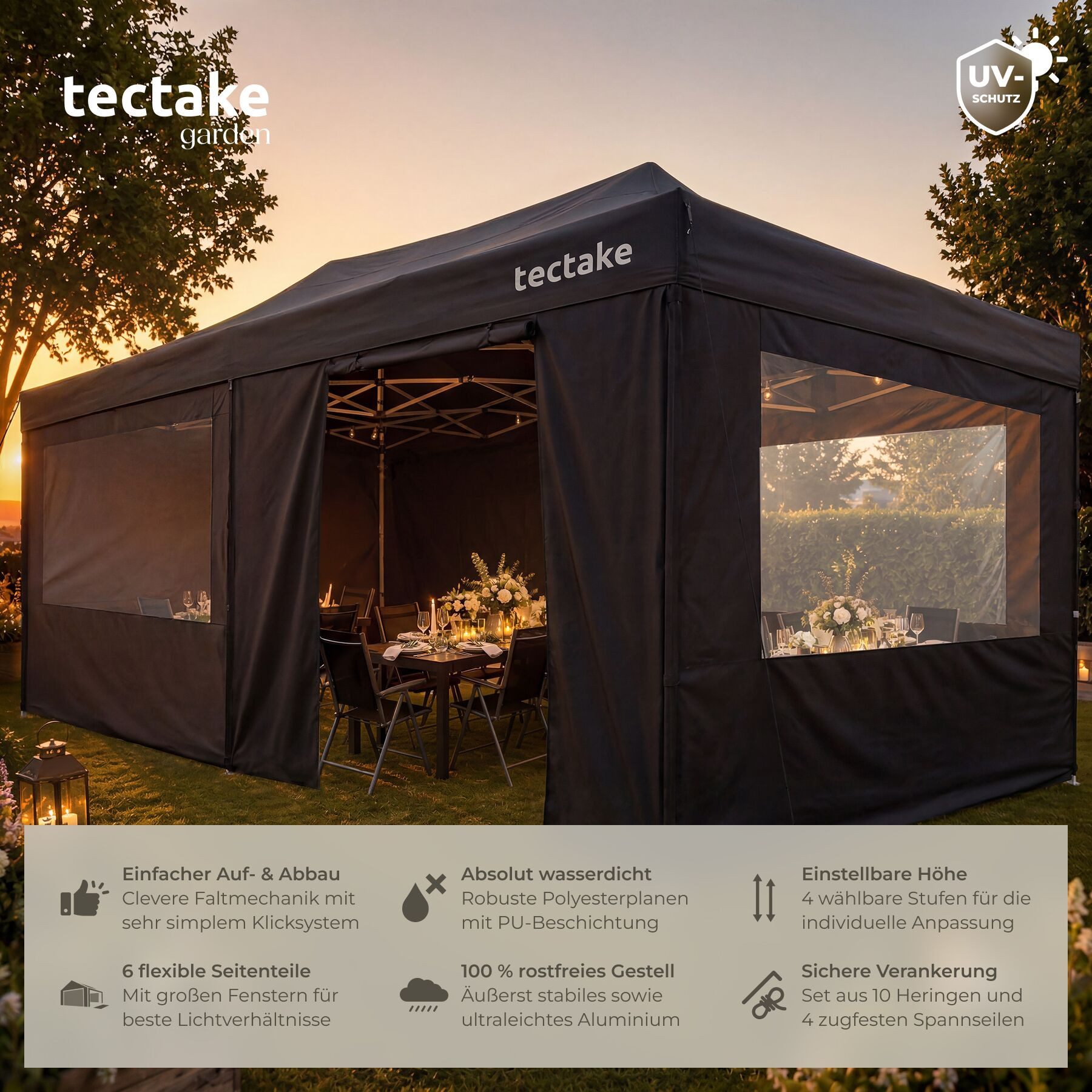 tectake Pavillon Aluminium Faltpavillon, 6 x 3 m, wasserdicht, mit Tragetasche, mit 6 Seitenteilen, (Partyzelt Viola, in schwarz), 6 Seitenteile, mit Reißverschlusszugang und 3 Fenstern, mit UV-Schutz
