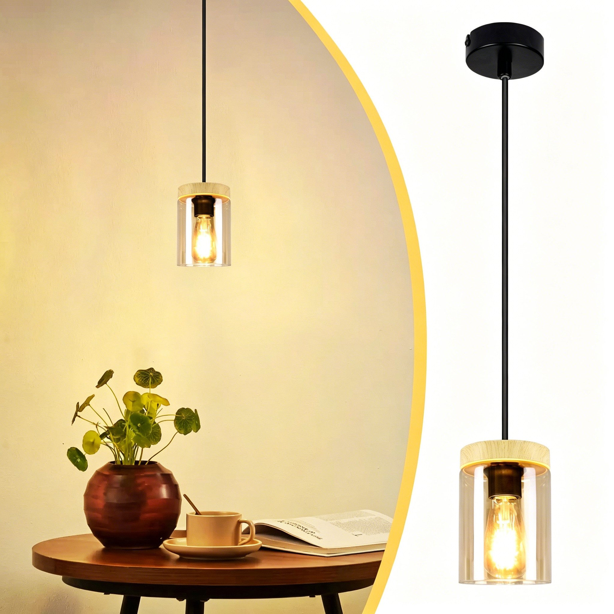 ZMH Pendelleuchte 1 Flammig Holz - Hängelampe Vintage mit Glas Lampenschirm Whonzimmer, Augenschutz, ohne Leuchtmittel, Sockel aus Metall Retrostil E27 Fassung Küche Wohnzimmer