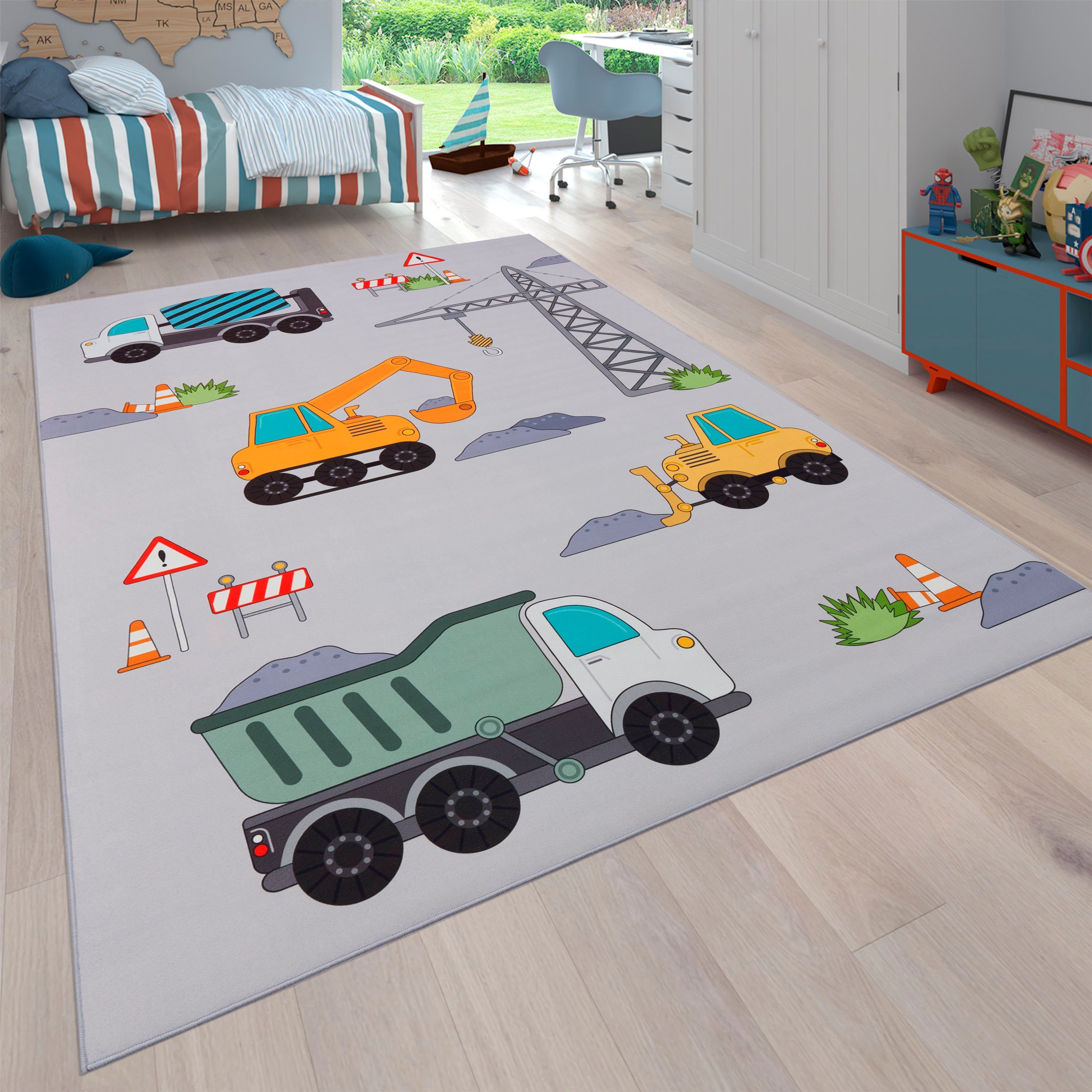 Kinderteppich Bino 579, Paco Home, rechteckig, Höhe: 4 mm, Spielteppich, Motiv Autos & Baustelle, Kinderzimmer