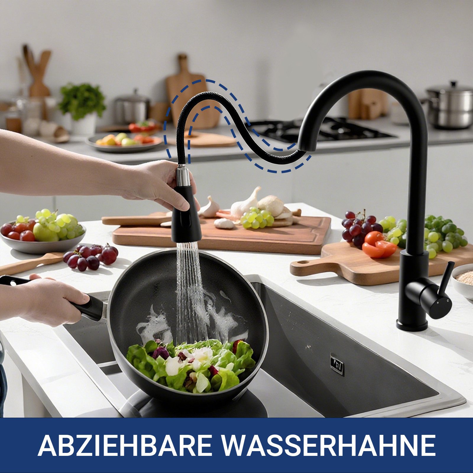 AICA Küchenarmatur Wasserhahn Küche,Spültischarmatur Ausziehbar,Armatur Küche 360° Hochdruck-Einhebelarmatur aus Edelstahl, schwenkbar mit Brause – Bild 3 von 5