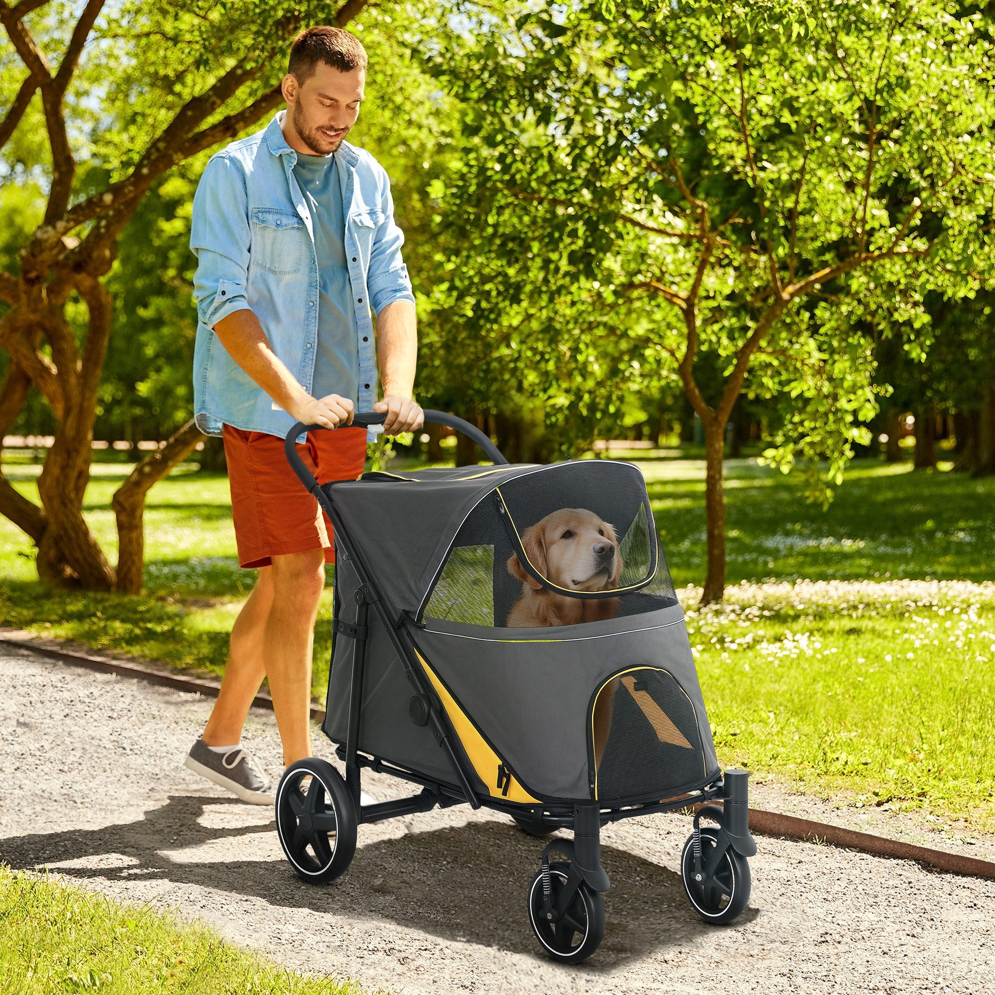 PawHut Hundebuggy Hundetrolley, Katzenbuggy mit Netzfenster und Sicherheitsleinen, (Hundewagen, 1-tlg), für große und mittelgroße Hunde, Oxfordstoff, Dunkelgrau