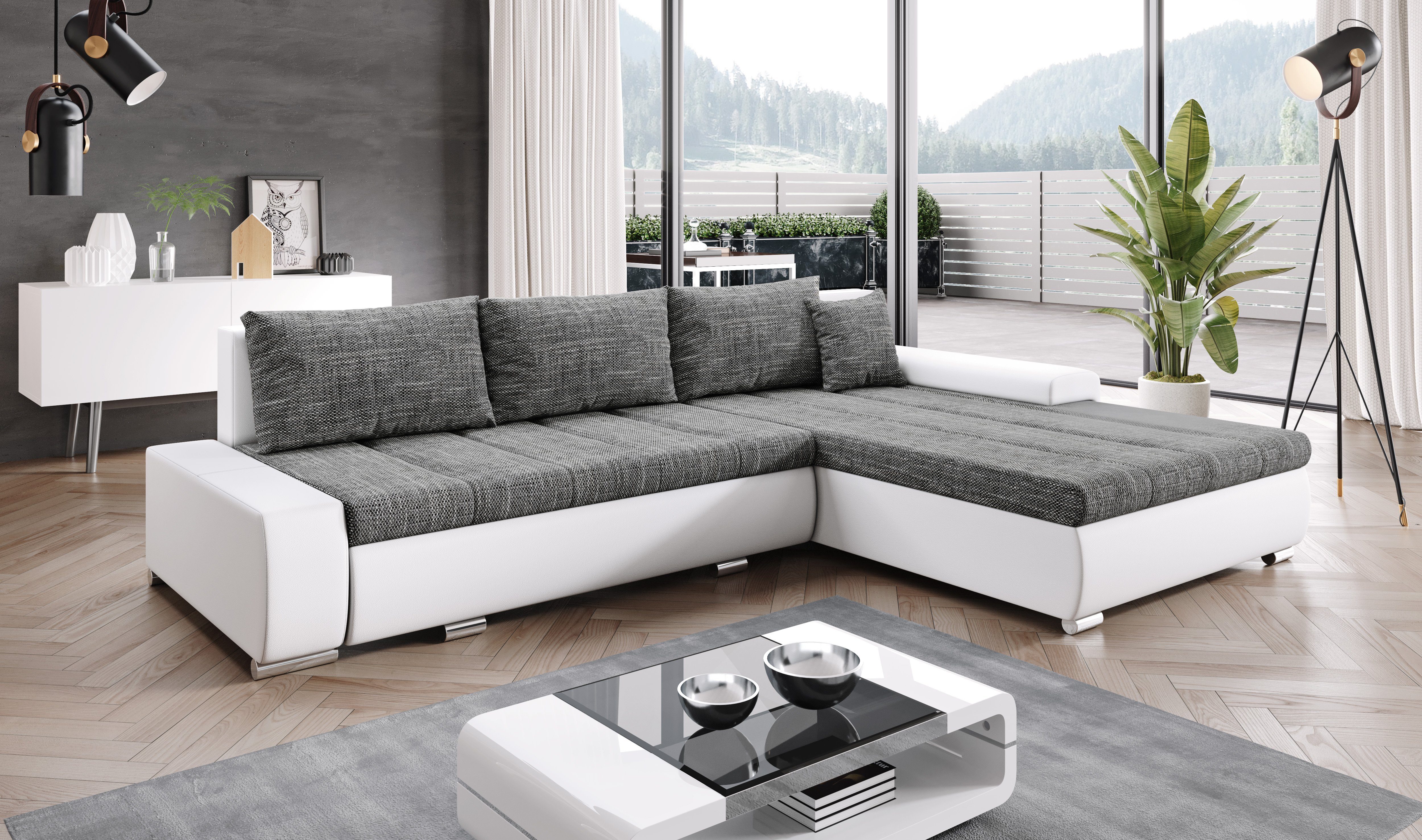 Furnix Ecksofa TOMMASO Sofa Schlaffunktion mit Bettkasten Kissen Couch, B297 x H85 x T210 cm, hochwertig, Made in EU Braun/Weiß Stoff/Kunstleder MA120 BE01