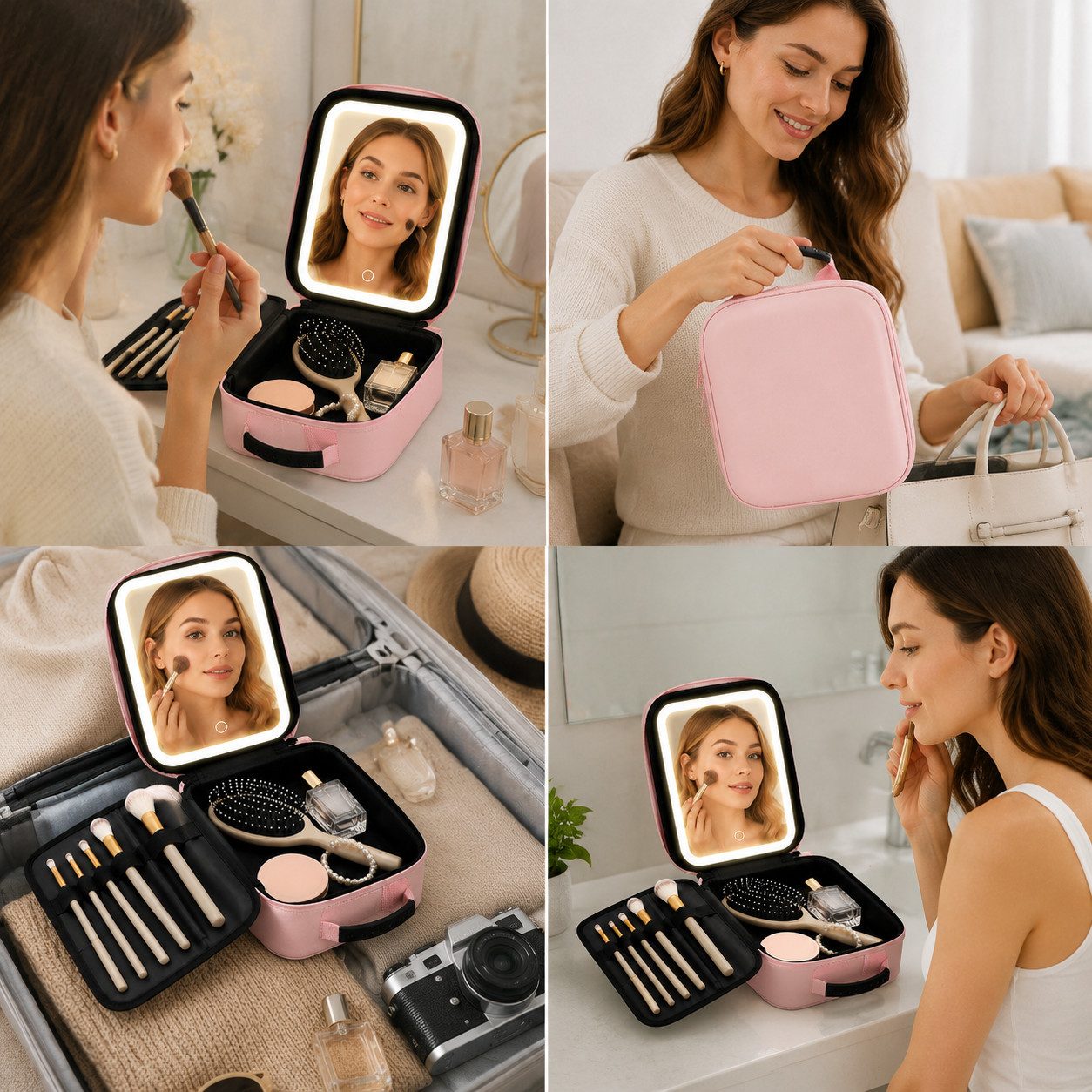 ibettertec Kosmetiktasche LED Kosmetikkoffer mit Spiegel, 3 Lichtfarben, Reise Make-up Tasche (Große Make-up Tasche mit abnehmbarem LED Spiegel, USB-Aufladung u – Bild 2 von 5