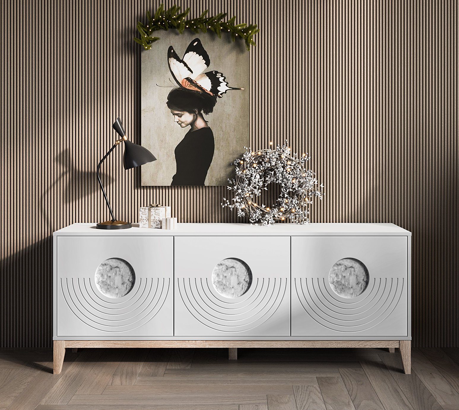 Swema Sideboard Monte-Prado mit Glaseinsätz und Marmorprint, Push-to-open-Funktion