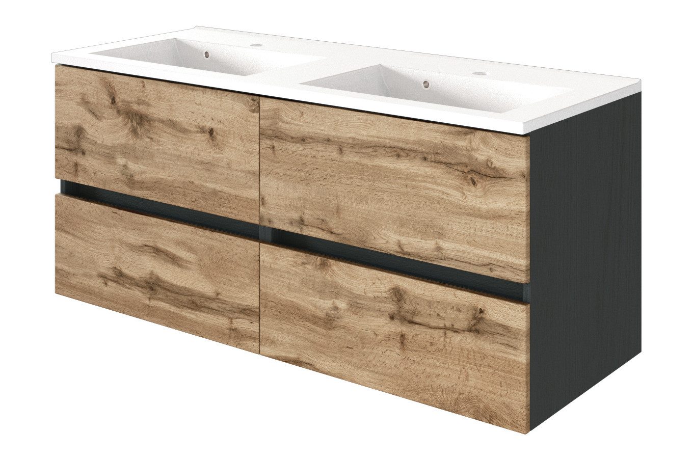 Basera® Waschtisch Lorena 120 cm breit, XXL, Doppelwaschtisch, Korpus: anthrazit, Front: Wotaneiche, mit Waschbecken, Badezimmer...