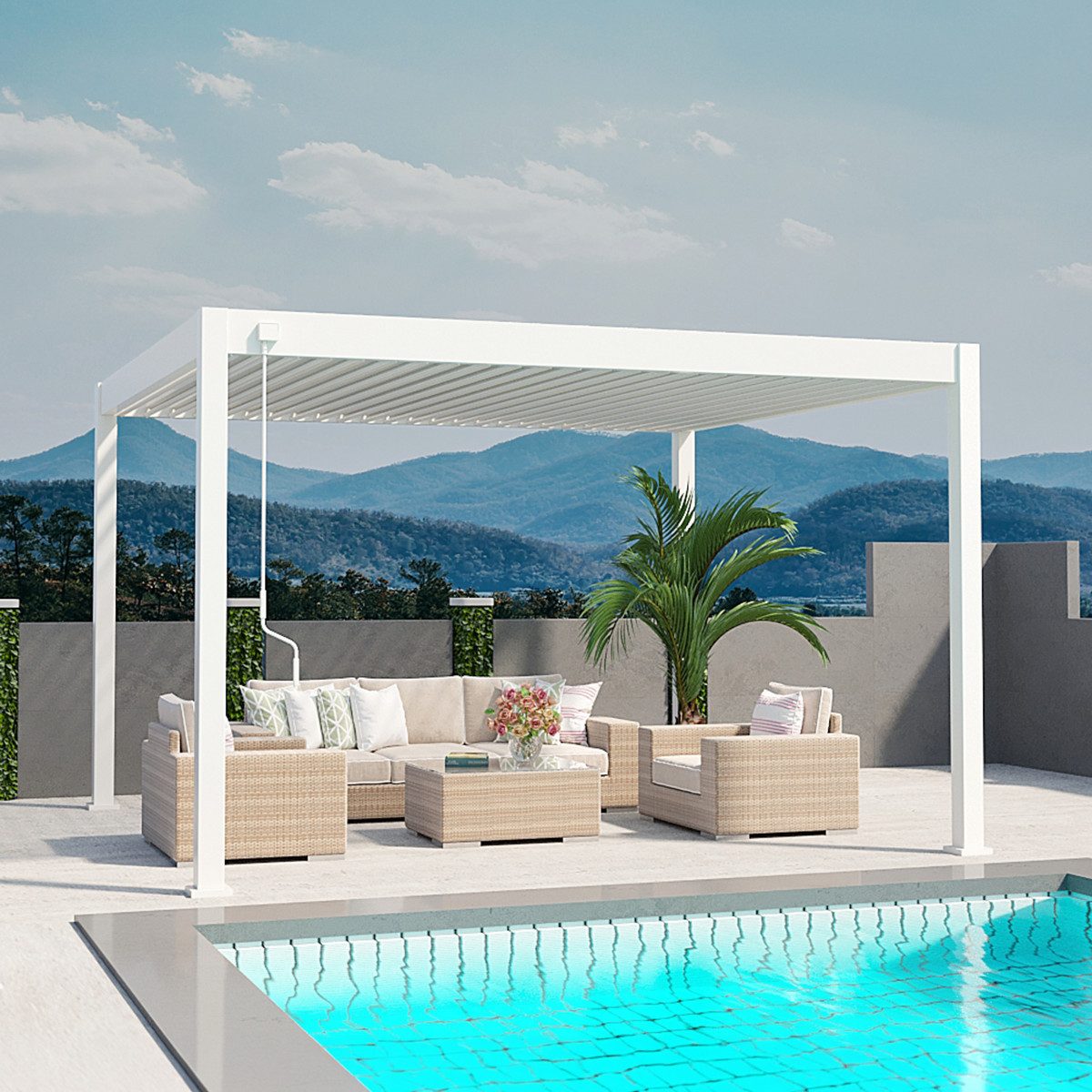 Weide Pergola Deluxe Pavillon Terrassenüberdachung Aluminium 3,6 x 4 M weiß, BxTxH: 400x360x255 cm, (Hochwertigstes Aluminium & verzinkte Stahl-Lamellen, Komplettset)