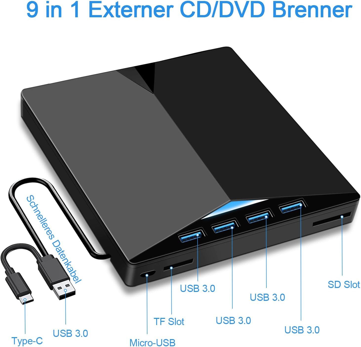 AIMAX Externes CD DVD Laufwerk, 7-in-1 USB 3.0 Type-C Laufwerk, Schwarz DVD-Brenner (DVD-Brenner, CD DVD RW Brenner für Laptop, PC und MacBook)