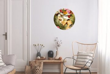 MuchoWow Gemälde Frau - Blumen - Farben - Schmetterlinge - Rosen - Kopftuch, (1 St), Kreis Wanddekoration Forex, Rundes Wandbild, Wohnzimmer, 30x30 cm