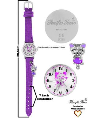 Pacific Time Quarzuhr »Armbanduhr Kinder Mädchen kleine Katze am Armband violett 87416«, funkelndes Kätzchen am Armband - Gratis Versand