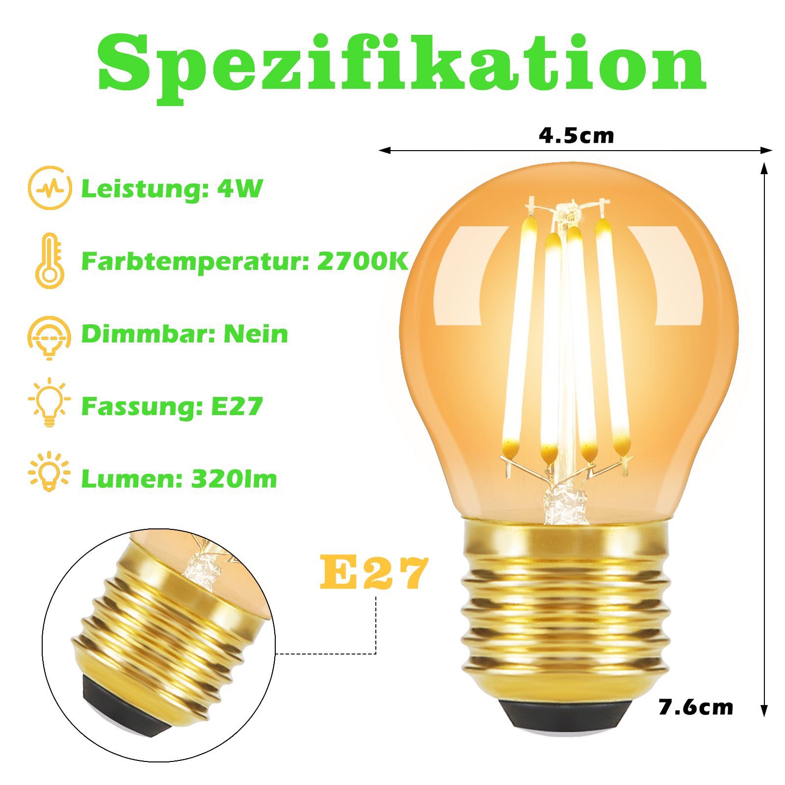 E14//E27, Edison Birne E27, Filament LED-Leuchtmittel Glühbirne LED St., Glas Retro 2700K - G45 ZMH Vintage Energiesparlampe warmweiß, 6