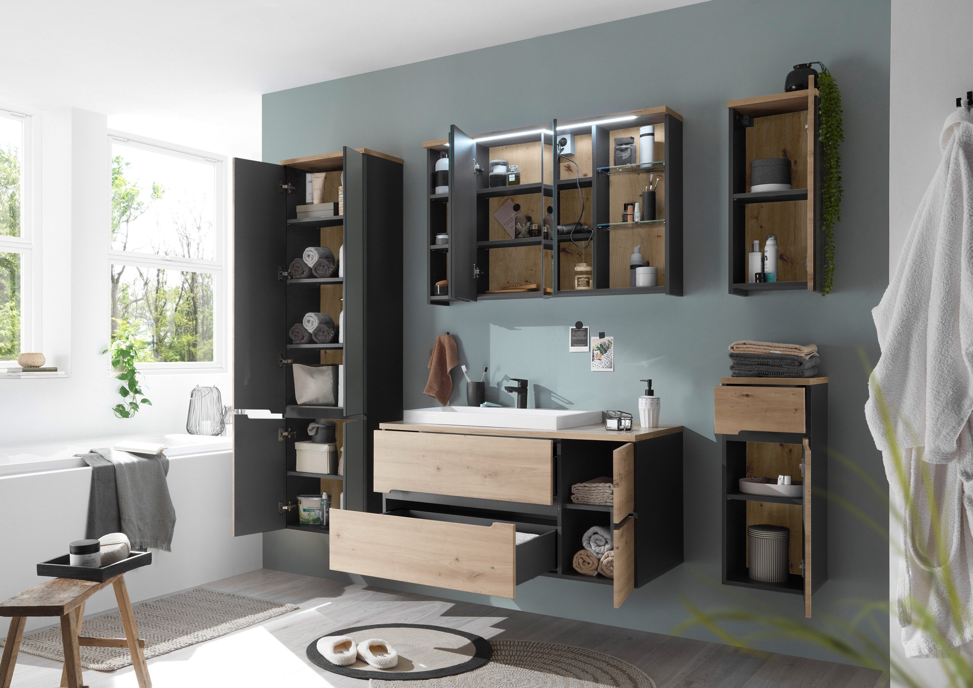 PREISBRECHER Badezimmer-Set Memphis, (Hängeschrank), (5-tlg) Grau / Artisan Eiche Dekor - 230x176x53 (BxHxT)