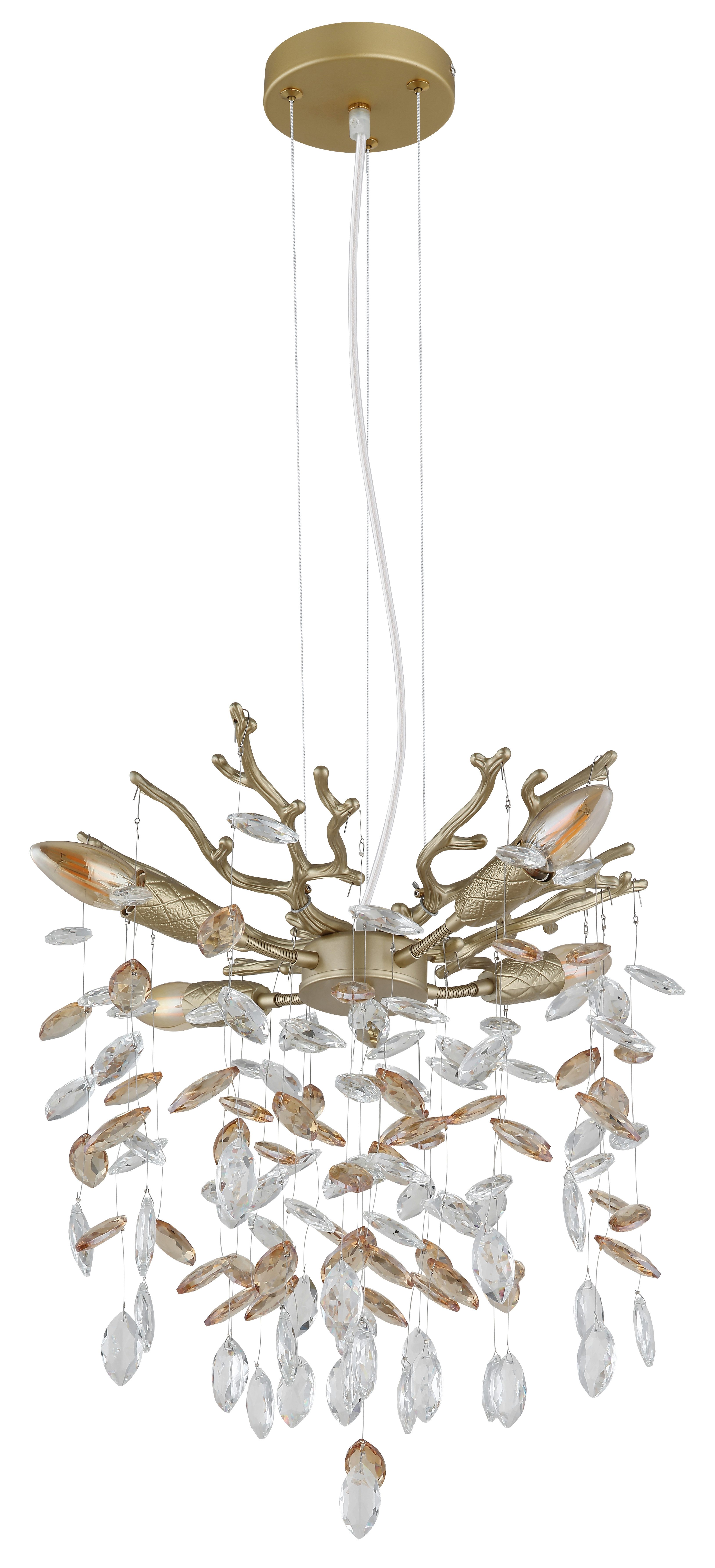 GLOBO LIGHTING Hängeleuchte QUEENA, Leuchtmittel wechselbar, Goldfarbener Luster mit Glaskristallen amber, Höhe kürzbar