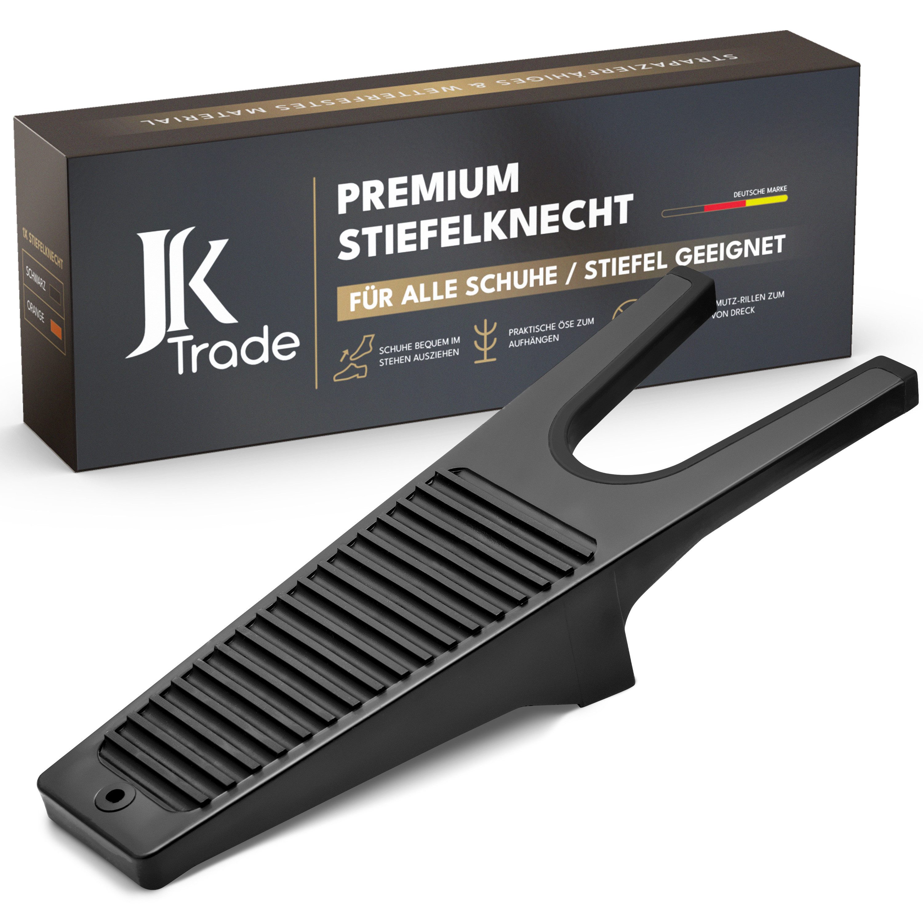 JK Trade Stiefelknecht für jedes Schuhwerk, stabiler Schuhabstreifer (1-tlg., mit Fersenschutz & Gummierung), Schuh- & Stiefelauszieher wetterfest, mit Schmutzrillen