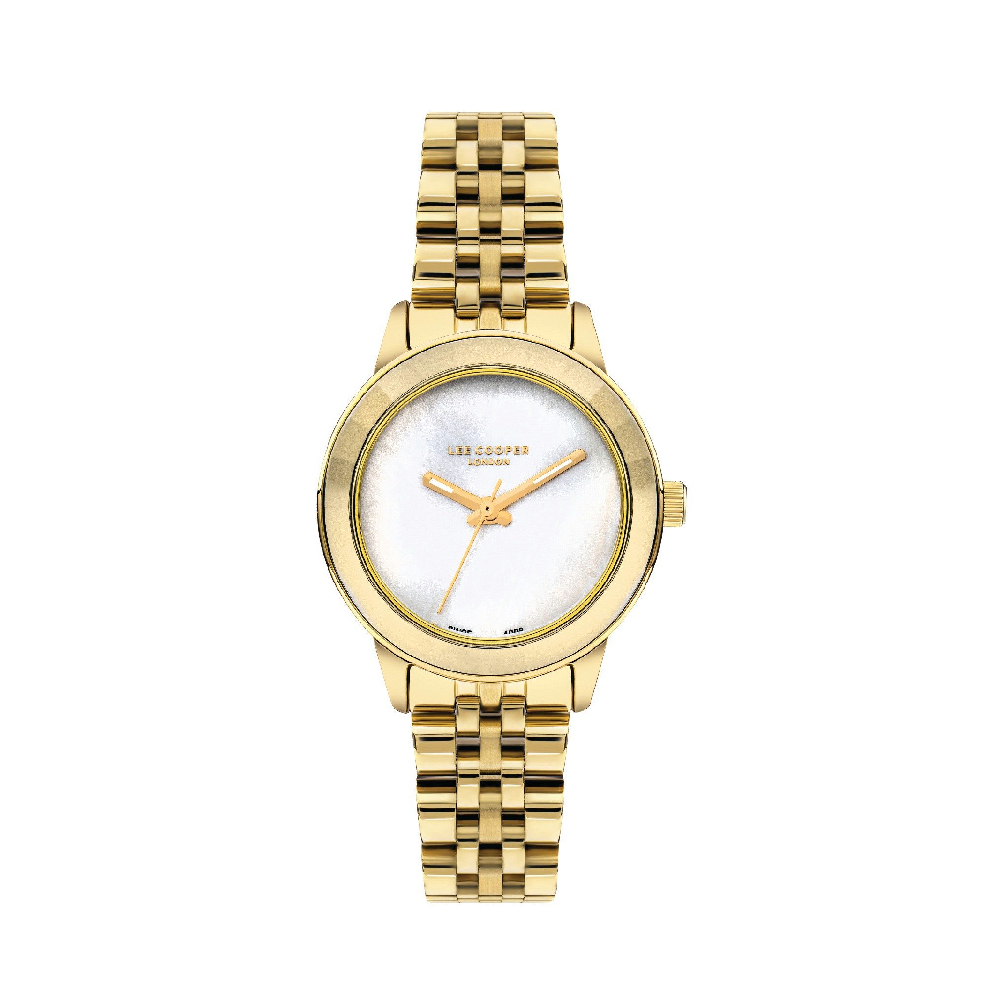 Lee Cooper Quarzuhr Damenuhr mit Metallarmband, 30 mm, Damen Armbanduhr Perlmutt-Zifferblatt, gold – LC07934.120, Mineralglas, 3 ATM, inkl. Geschenkbox