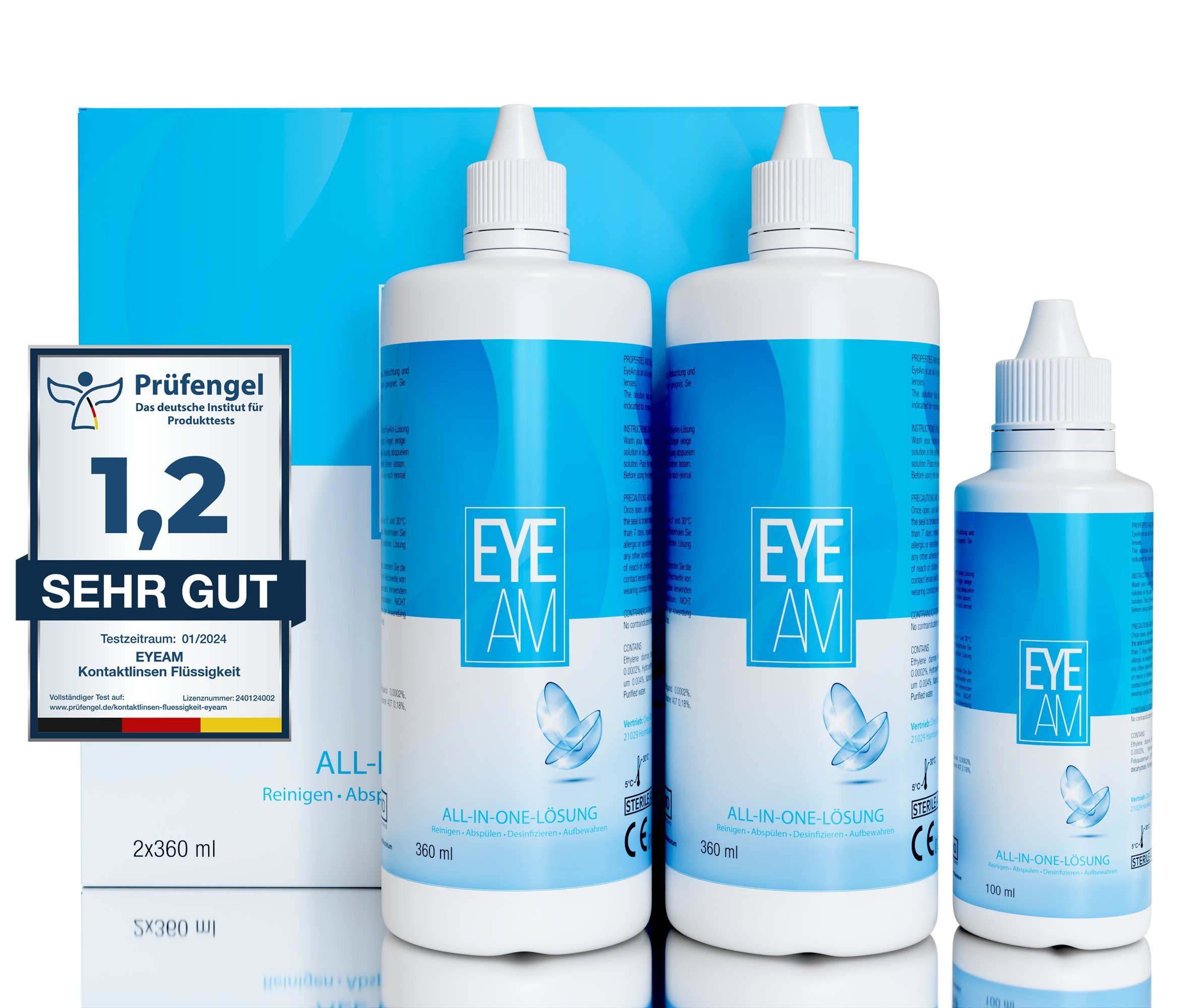 EyeAm Kontaktlinsenflüssigkeit All-In-One Lösung für das Reinigen von weichen Kontaktlinsen, 1 x 100ml GRATIS Reise-Flasche im Set