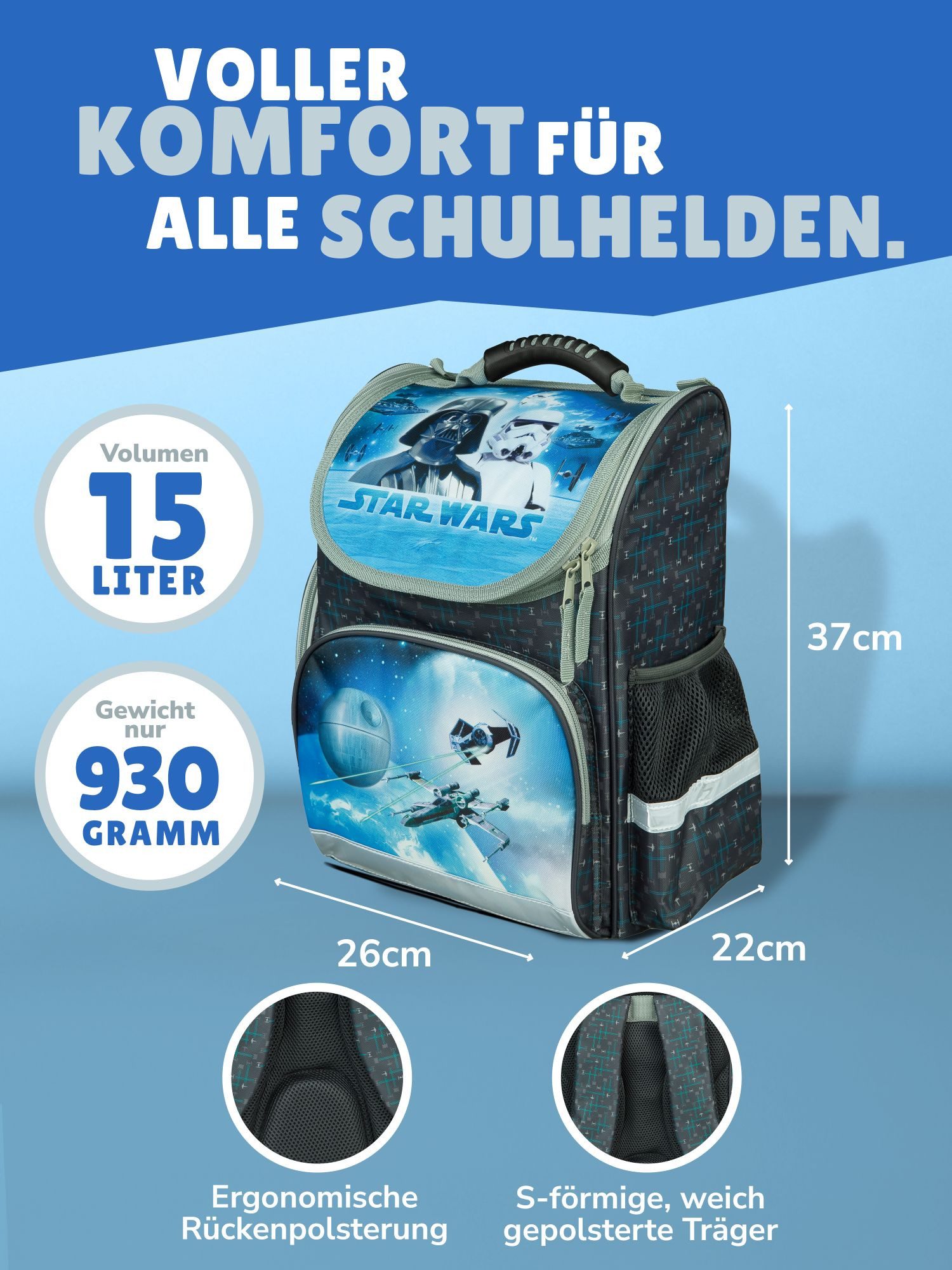 Familando Schulranzen Clou Star Wars Schultasche, Darth Vader, blau, ab 1. Klasse (Grundset, 5-tlg., mit Federmappe, Schlamper, Turn- & Geldbeutel), kompakt, mi – Bild 4 von 5