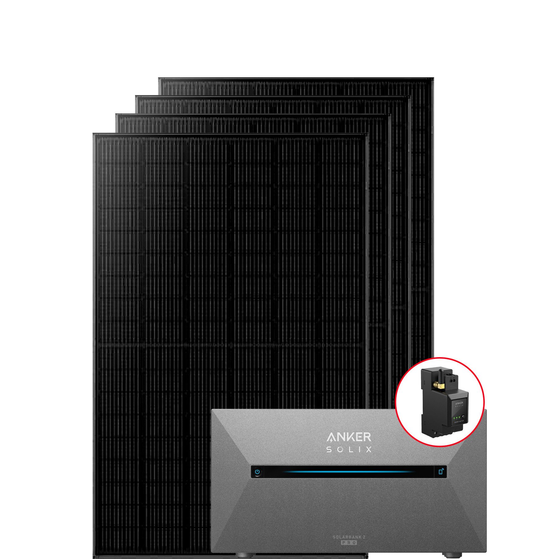 Anker Balkonkraftwerk Anker Balkonkraftwerk 1780W mit Anker Solarbank 2 Pro ohne/mit BP1600, 1780 W, N typ Glas-Glas, Vollschwarz, (4-St., 4 Solarmodule+1 Anker Solix E1600 2 Pro+0/1 Smarte Meter +0/1/2 BP1600), integriertem Wechselrichter, Wifi, Bluetooth, IP67