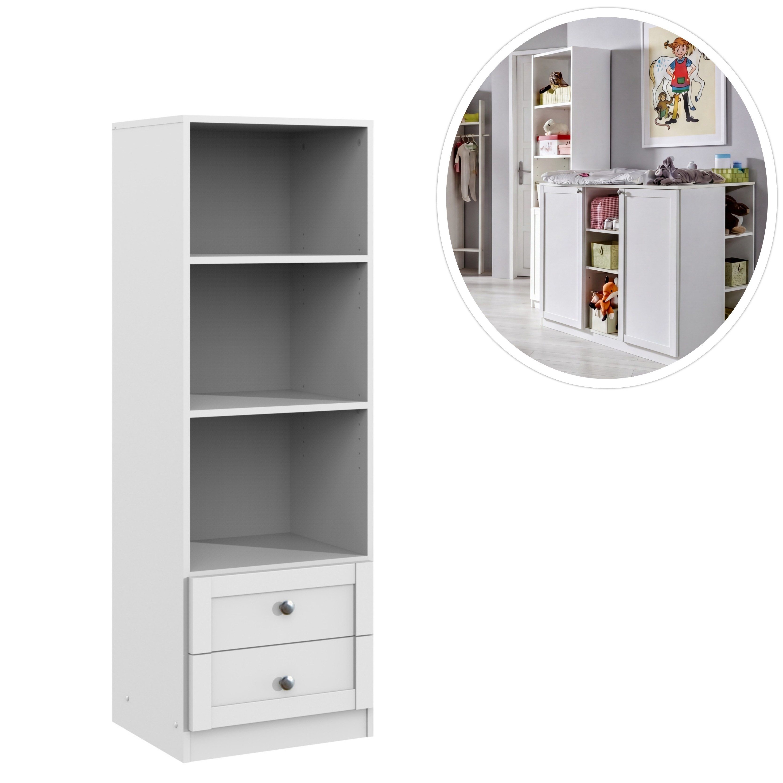 luma-home Babymöbel-Set 22800-04, (Zubehör für Babyzimmer-Set - Regal mit Schubladen), Standregal, B46/H135/T40 cm, Landhausstil in Weiß