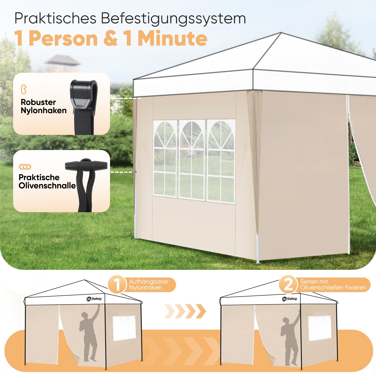 Sekey Pavillonseitenteil 2er Set Pavillon Seitenteile Seitenwand für Faltpavillon 300 x 300 cm, Mit Reißverschluss, mit Fenster / auch für 300 x 600 cm, 300 x 9 – Bild 3 von 5
