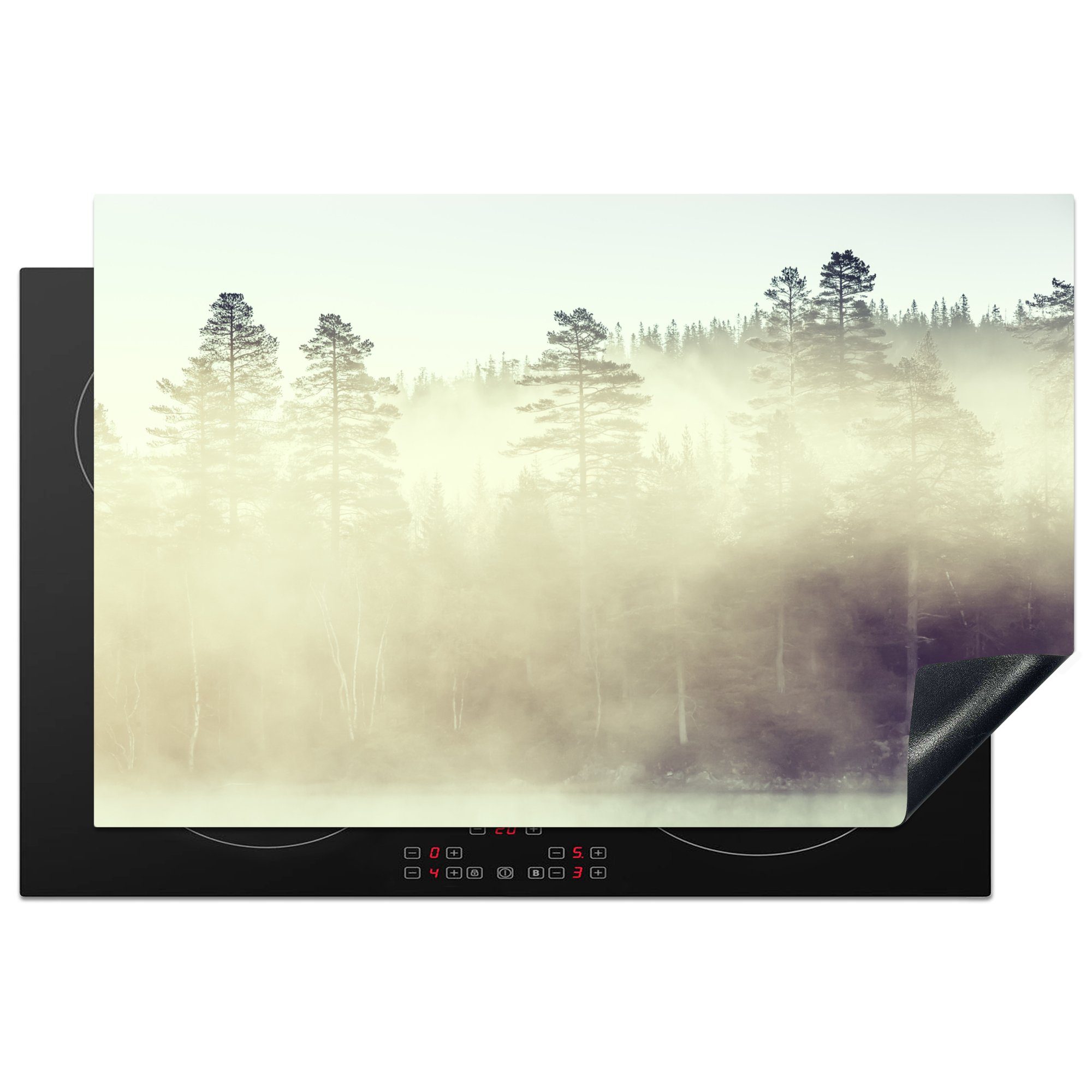 MuchoWow Herdblende-/Abdeckplatte Morgennebel bedeckt den Wald von Drammen in Norwegen, Vinyl, (1 tlg), 81x52 cm, Induktionskochfeld Schutz für die küche, Ceranfeldabdeckung