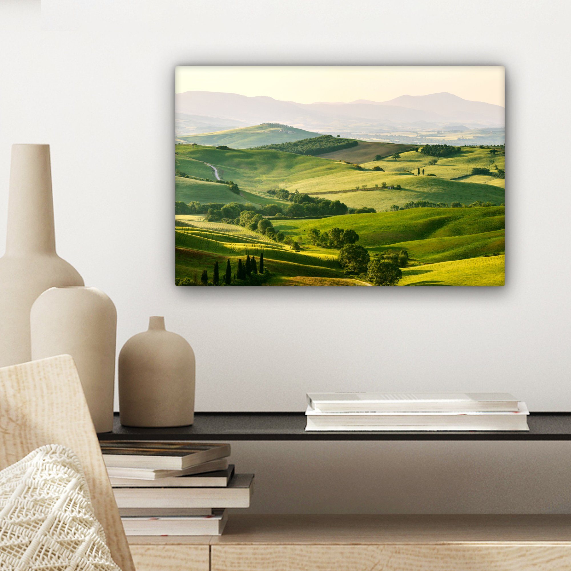 OneMillionCanvasses® Leinwandbild - Aufhängefertig, (1 Natur St), - - Leinwandbilder, Wanddeko, Wandbild 30x20 Grün cm Toskana Landschaft