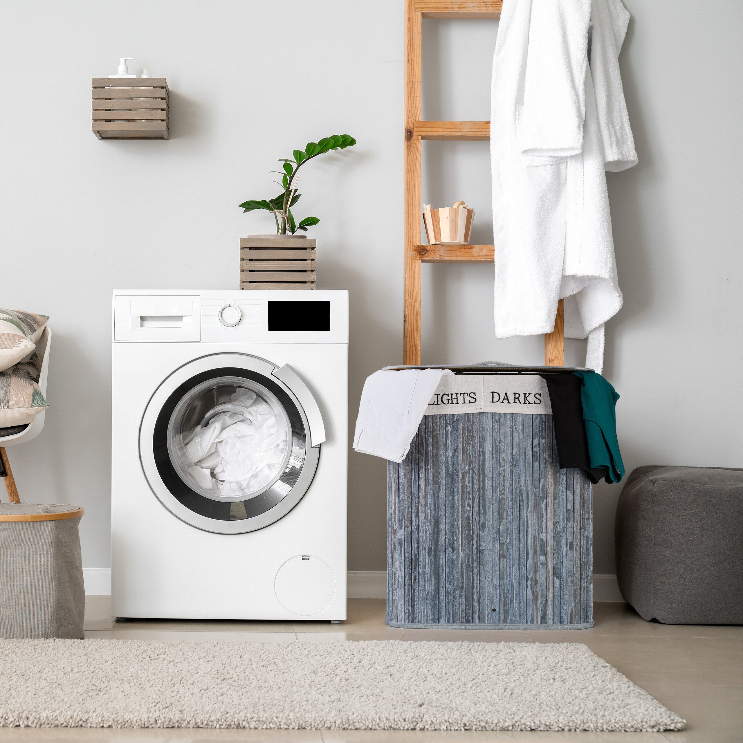relaxdays Wäschekorb Bambus Wäschekorb mit 2 Fächern, grau günstig online kaufen