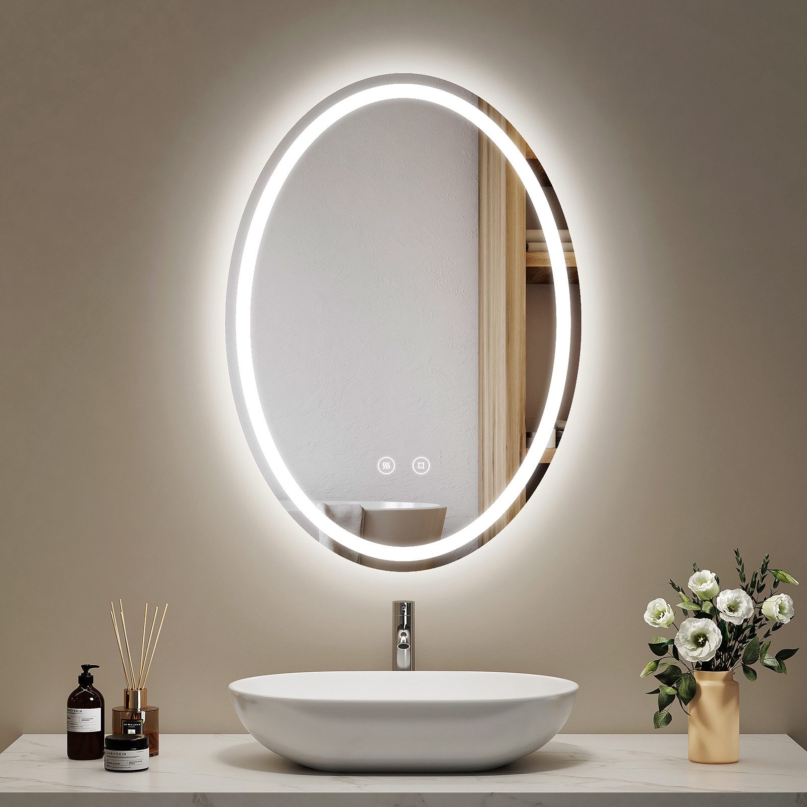 EMKE Зеркало для ванной комнаты mit Beleuchtung Wandspiegel Asymmetrische Dekospiegel, 3 Farben des Lichts, Antibeschlag,Vertikal/Horizontal Installation