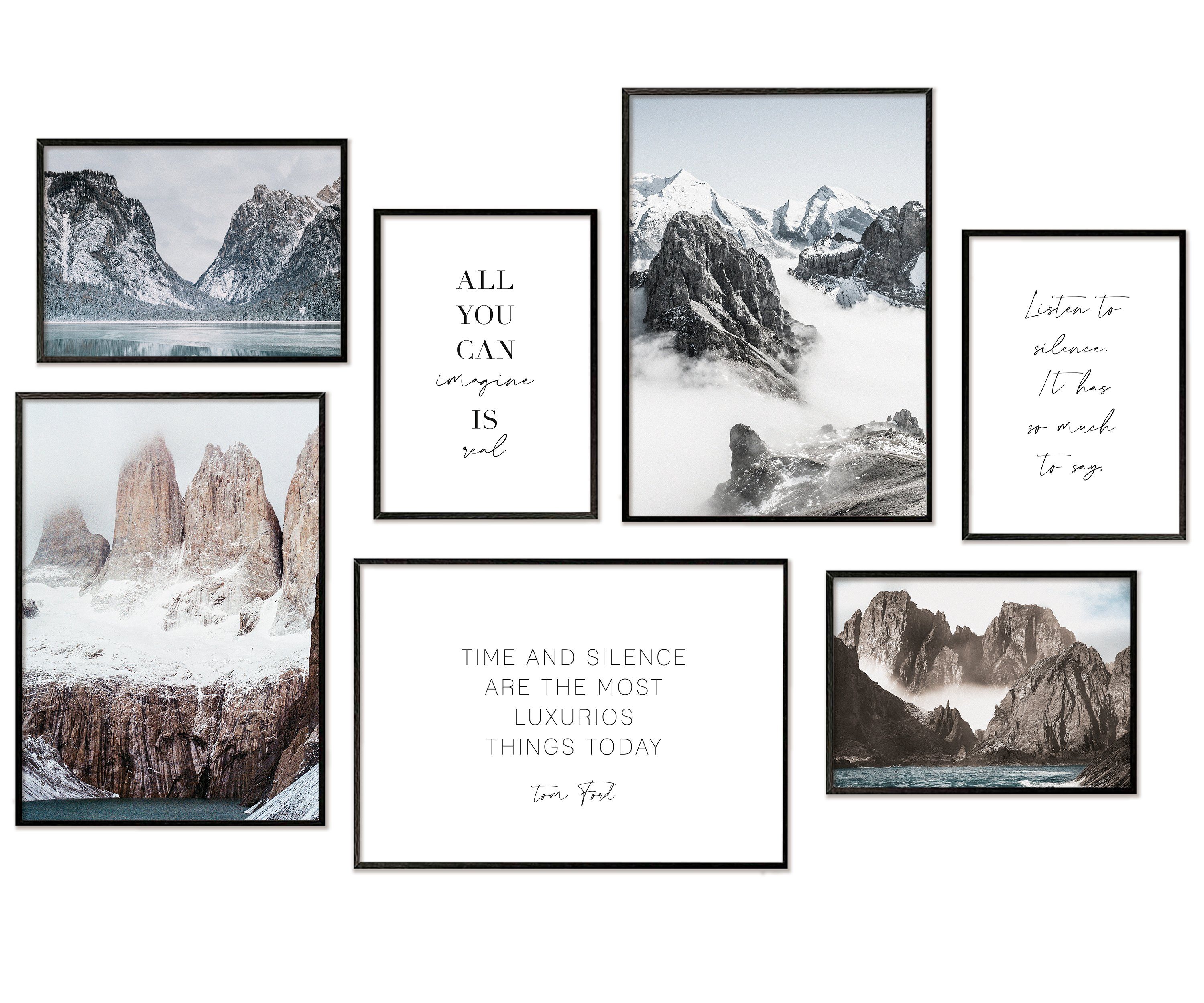 Hyggelig Home Плакат Berge - Premium Плакат Set OHNE & MIT Rahmen - 7 Wandbilder Landschaft, Natur (Set, 7 St), Collage Qualitätsdruck auf dickem Papier knickfrei
