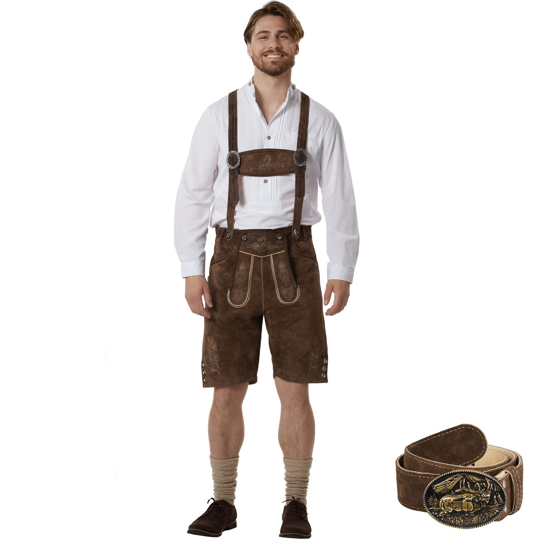 dressforfun Trachtenhose Klassische kurze Lederhose mit gesticktem Latz, robust (Herrenhose Jakob, für Volksfeste in Dunkelbraun) Inkl. Gürtel, Hosenträgern, Trachtenhemd, Loferl und Haferlschuhen