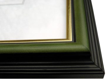 Oslo MasterLine Einzelrahmen Bilderrahmen Holz massiv FSC Echtglasscheibe Drehspannfedern, Format 10x15 Rahmenfarbe grün-gold stabiler Aufsteller