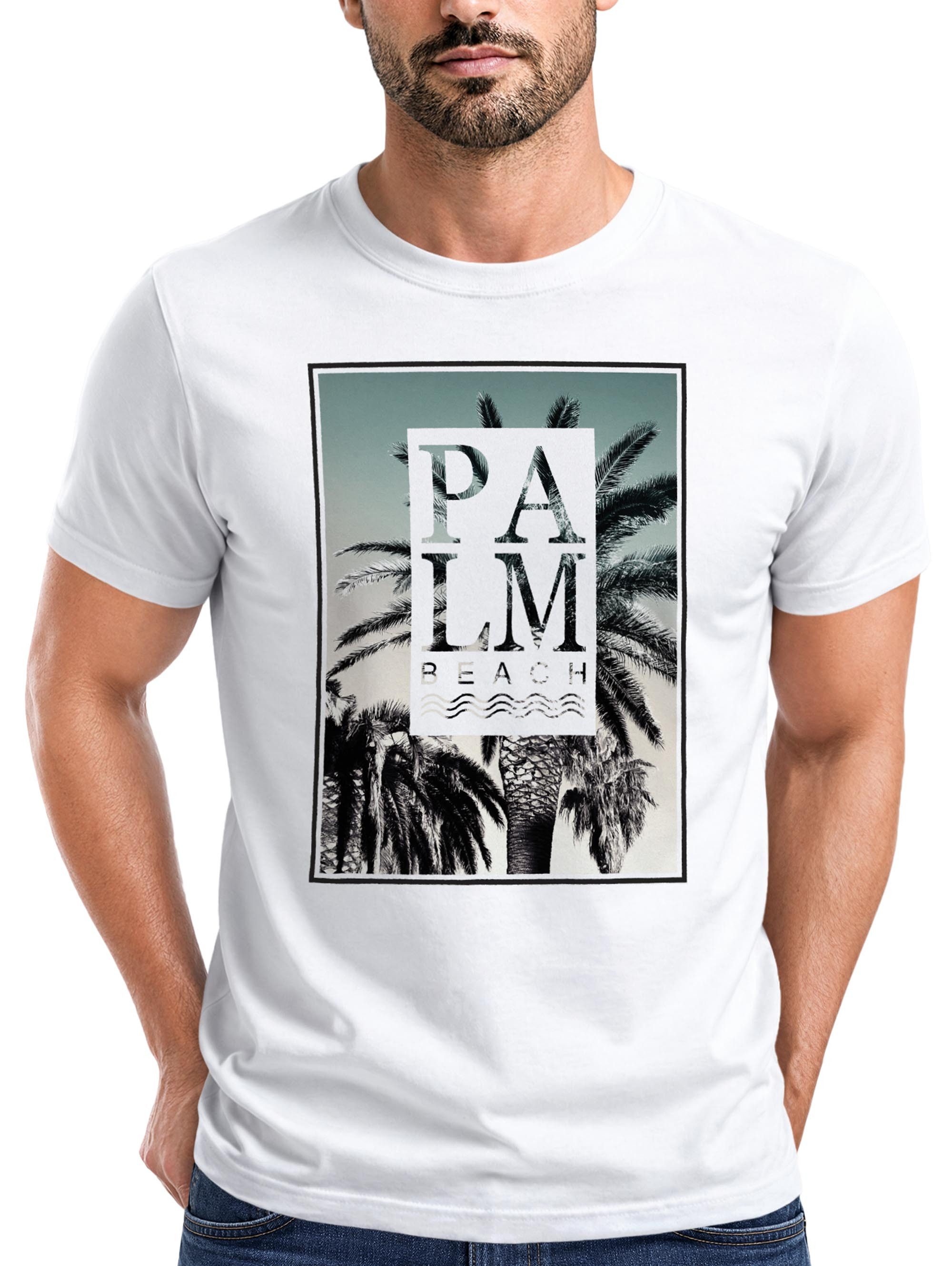 Neverless Print-Shirt Herren T-Shirt Palm Beach Palmen Wellen Sommer Sonne USA Amerika mit Print