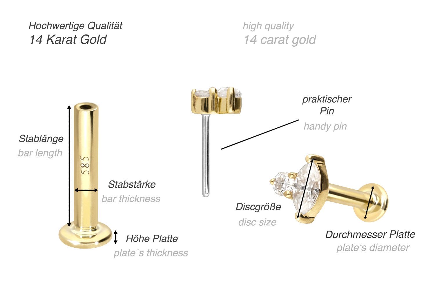 PIERCINGLINE Piercing-Set 14 Karat Gold Labret mit Push Fit MOISSANIT-DESIGN (Labrets, 1-tlg)