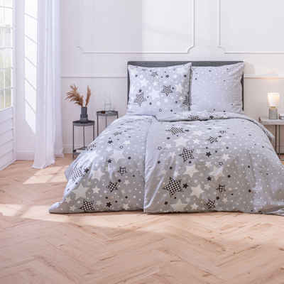 Bettwäsche Sterne 135x200 + 80x80 cm, 100 % Baumwolle, MTOnlinehandel, Biber, 2 teilig, Kinderbettwäsche mit vielen Sternen und Sternchen in grau & weiß