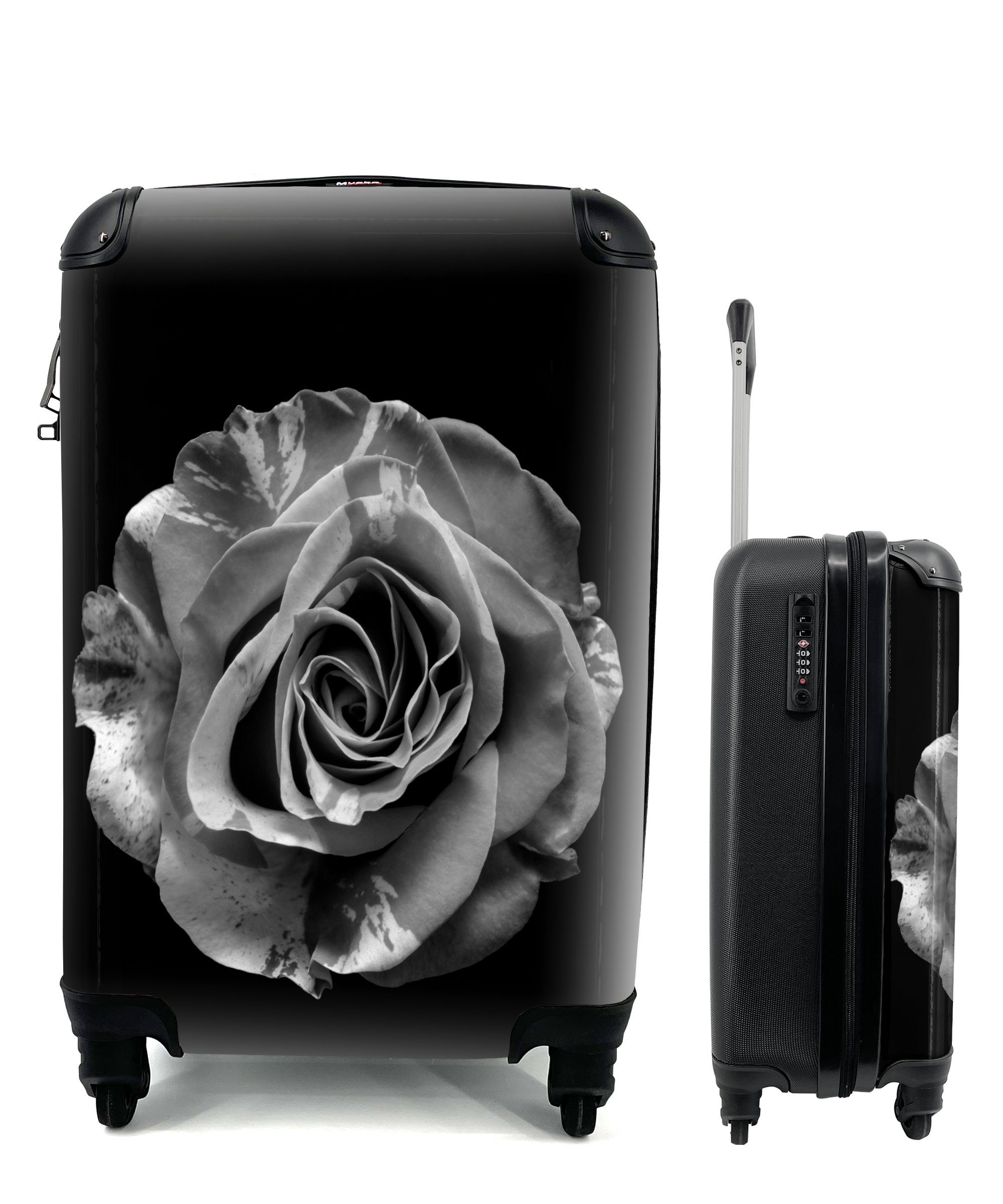 MuchoWow Handgepäckkoffer Blumen - Rose - Schwarz - Weiß - Botanisch, 4 Rollen, Reisetasche mit rollen, Handgepäck für Ferien, Trolley, Reisekoffer