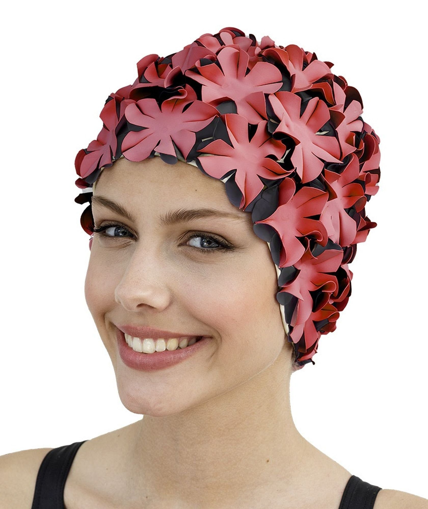 Badekappe Fashy - Badehaube Gummibadehaube Blüten Rot Schwarz 3191-40 Badekappe