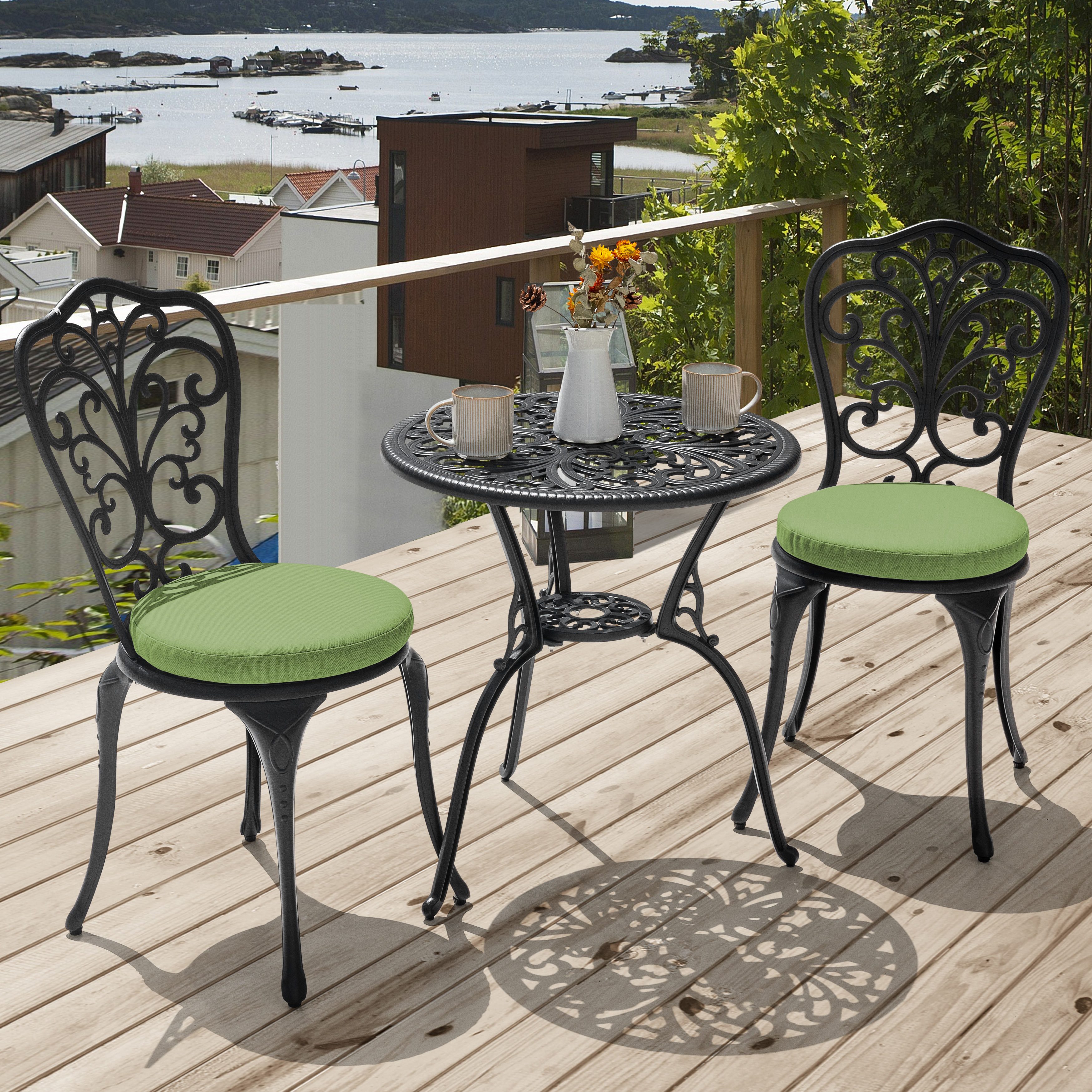 Avestar Balkonset 3-teiliges Terrassen-Set aus Aluminium mit Schirmloch, (3-tlg), Essgruppe 1 Tisch+2 Stühle, Gartenmöbel-Set mit 2 grünen Kissen