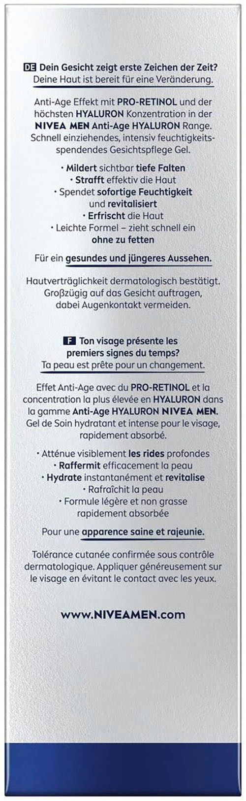 Nivea Men Anti-Aging-Creme ANTI-AGE HYALURON HYDRO GESICHTSGEL, hohe Konzentration an Hyaluron, zieht ein ohne zu fetten.