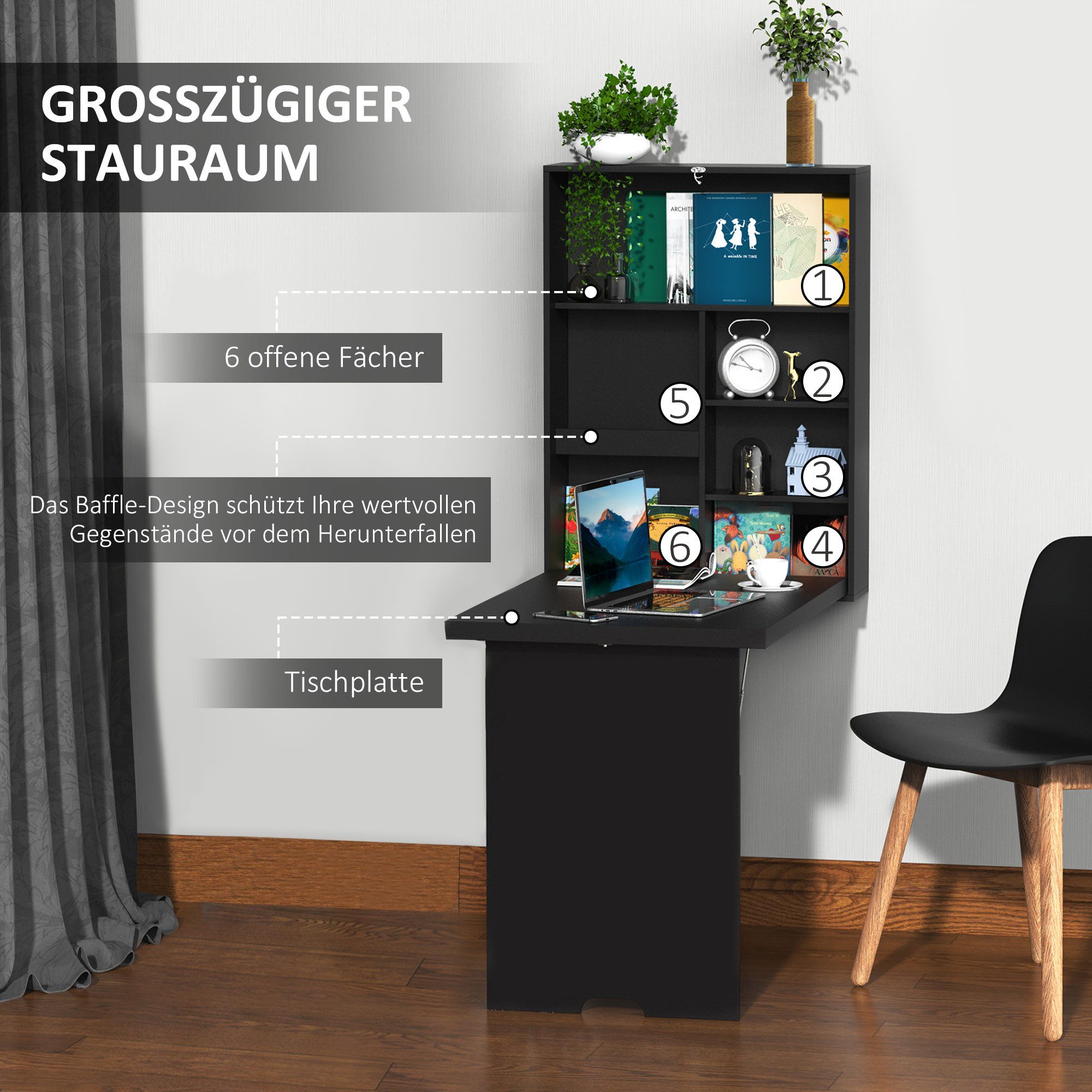 HOMCOM Klapptisch Schreibtisch Wandtisch mit Tafel, 6 Fächern (Computertisch, 1-St., Klappschreibtisch), für Büro Schwarz 60 x 94,5 x 147 cm – Bild 5 von 5