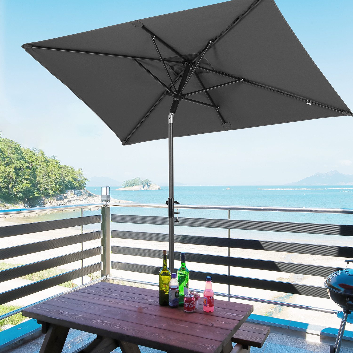 Sekey Balkonschirm 200 x 125 cm Rechteckiger Sonnenschirm mit Schnellöffnungs-Knopf UV50+, LxB: 200,00x125,00 cm, mit/ohne Balkongeländer, Windfest, Kippbar, fü – Bild 5 von 5