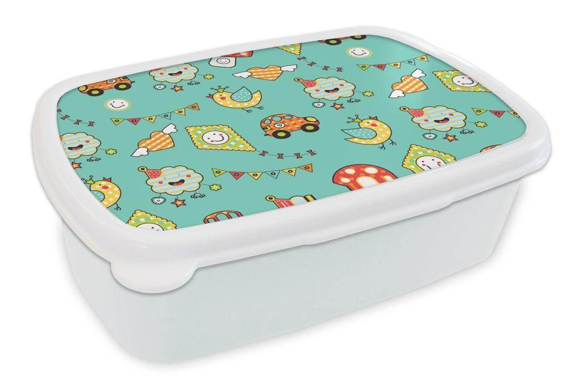 MuchoWow Lunchbox Muster - Kinder - Auto - Vogel, Kunststoff, (2-tlg), Brotbox für Kinder und Erwachsene, Brotdose, für Jungs und Mädchen weiß