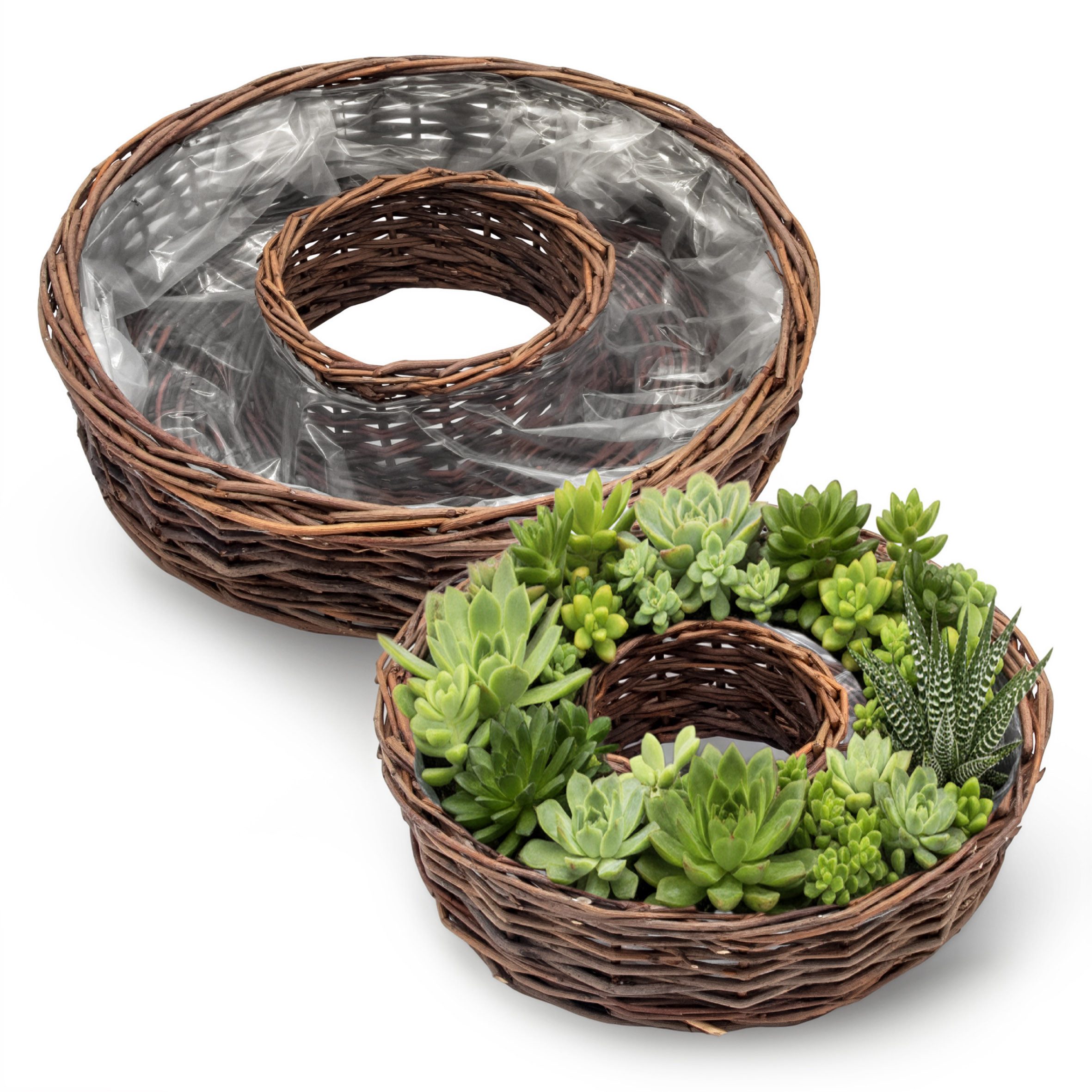 Spetebo Blumentopf Rattan Pflanzring natur (1 Set, 2 St., mit Folie), Weide Blumenschale zum direkten Bepflanzen
