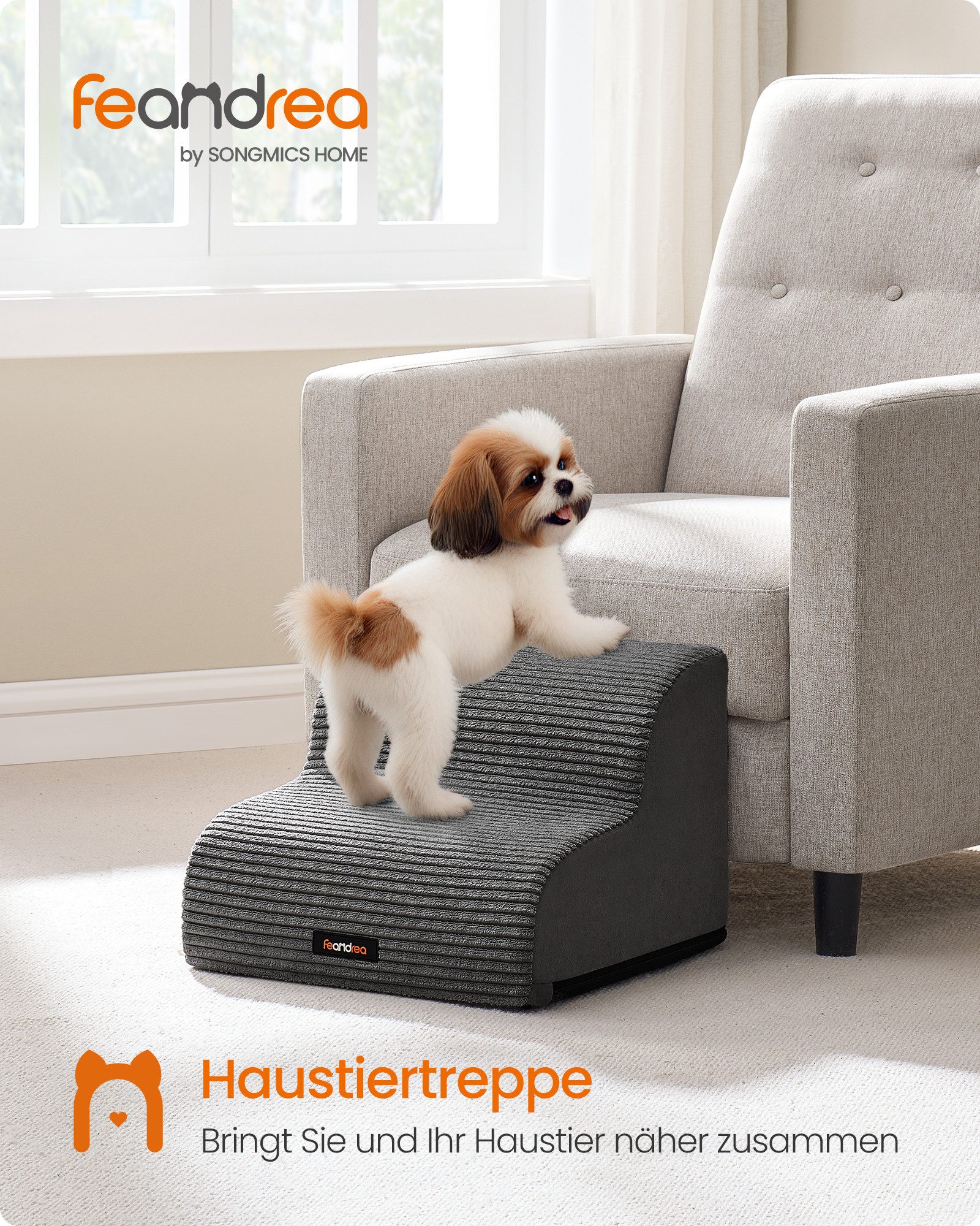 FEANDREA Haustiertreppe 2/3/4-stufig-Hundetreppe,waschbar,rutschfest geringe Neigung für Bett, Sofa, Cord mit Querstreifen, wasserdicht, abnehmbarer waschbarer Bezug