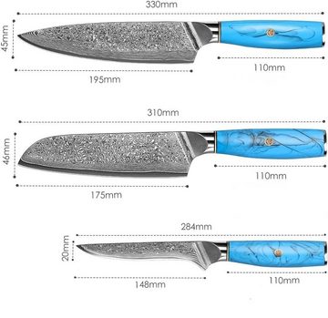 KingLux Messer-Set 3tlg.Damaststahl Kochmesser Filetiermesser Santokumesser (3-tlg)