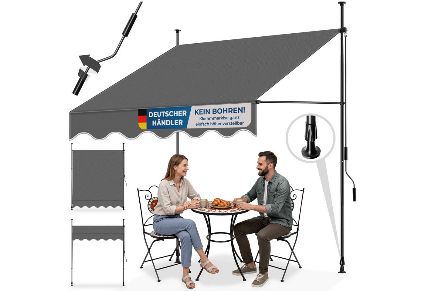 tectake Klemm-Senkrechtmarkise Klemmmarkise mit Handkurbel und bis 90° neigbar, UV-beständig (Sichtschutz/Sonnenschutz, Balkonmarkise für Terrasse und Garten, in schwarz/grau mit UV-Schutz 50) 180 x 150 x 304 cm, höhenverstellbar 211 - 304 cm, wasserabwei