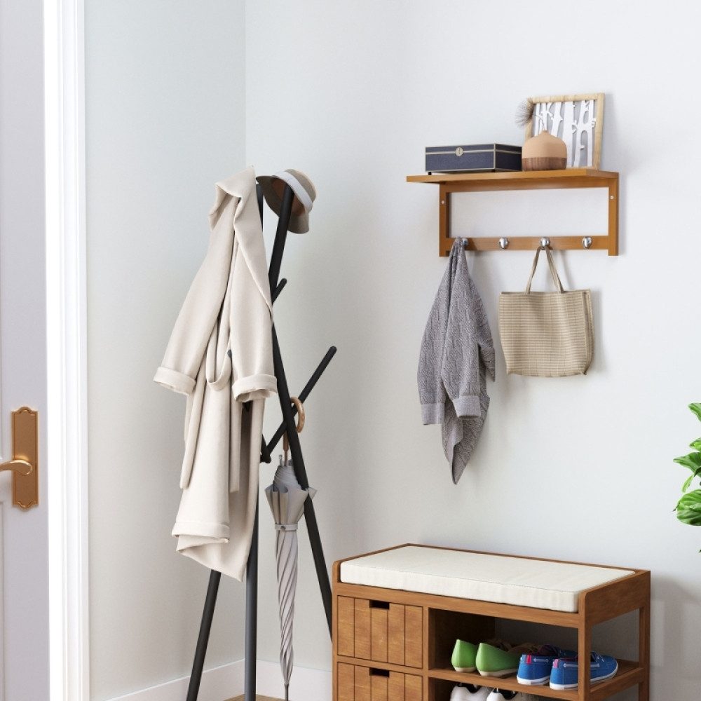 BBG Wandgarderobe Wandgarderobe Bambus mit Ablage & 4 Haken, Garderobenleiste Holz 50 cm (Wandregal mit Haken zur Wandmontage, Flurgarderobe platzsparend), Jackenhalter, Schlüsselbrett Natur