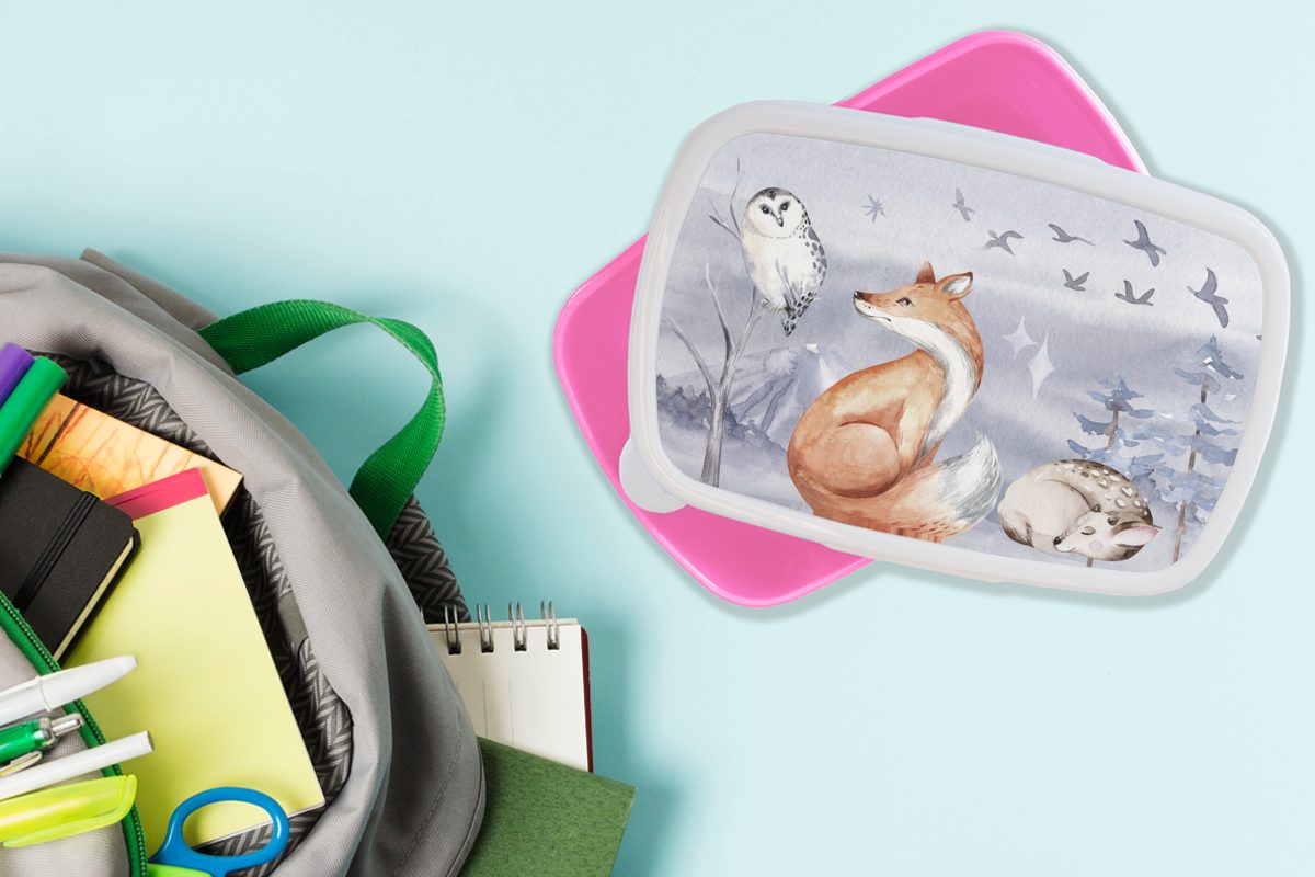 Kinder, Winter Mädchen, rosa Brotbox Snackbox, - - Kunststoff (2-tlg), Hirsch Brotdose für Kunststoff, Eule Lunchbox - Fuchs, Erwachsene, MuchoWow